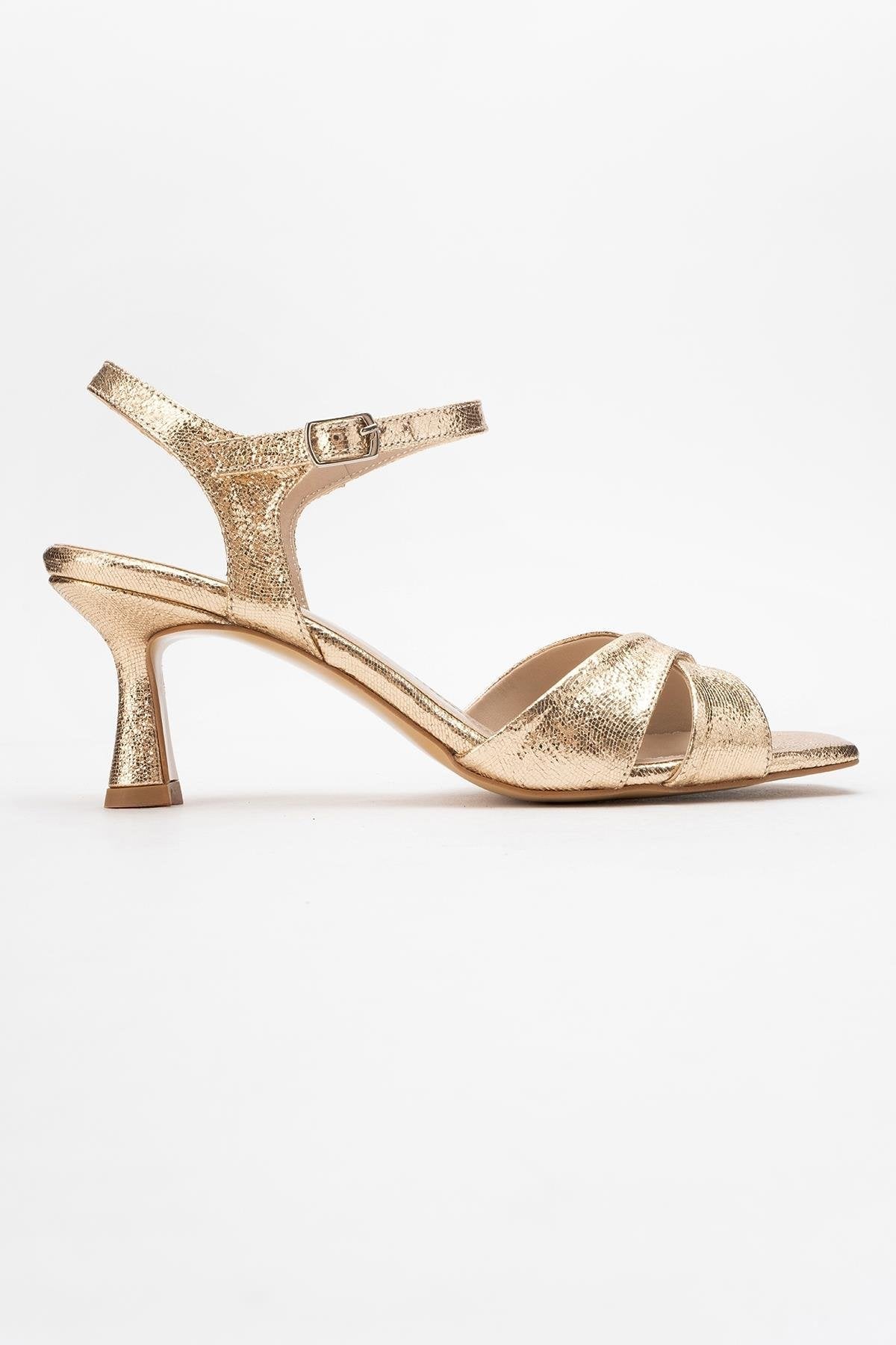 Melin - Gold Patterned Cross-Strap Stiletto Pump – top view showing leather, gold, SimmiUnique