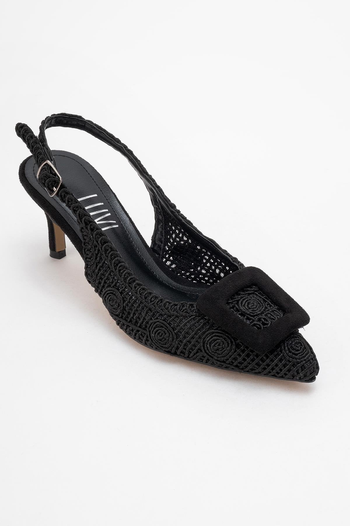 Ensley - Black Knitted Buckle-Detail Backless High Heel Shoe – detail view showing leather, black, red, SimmiUnique