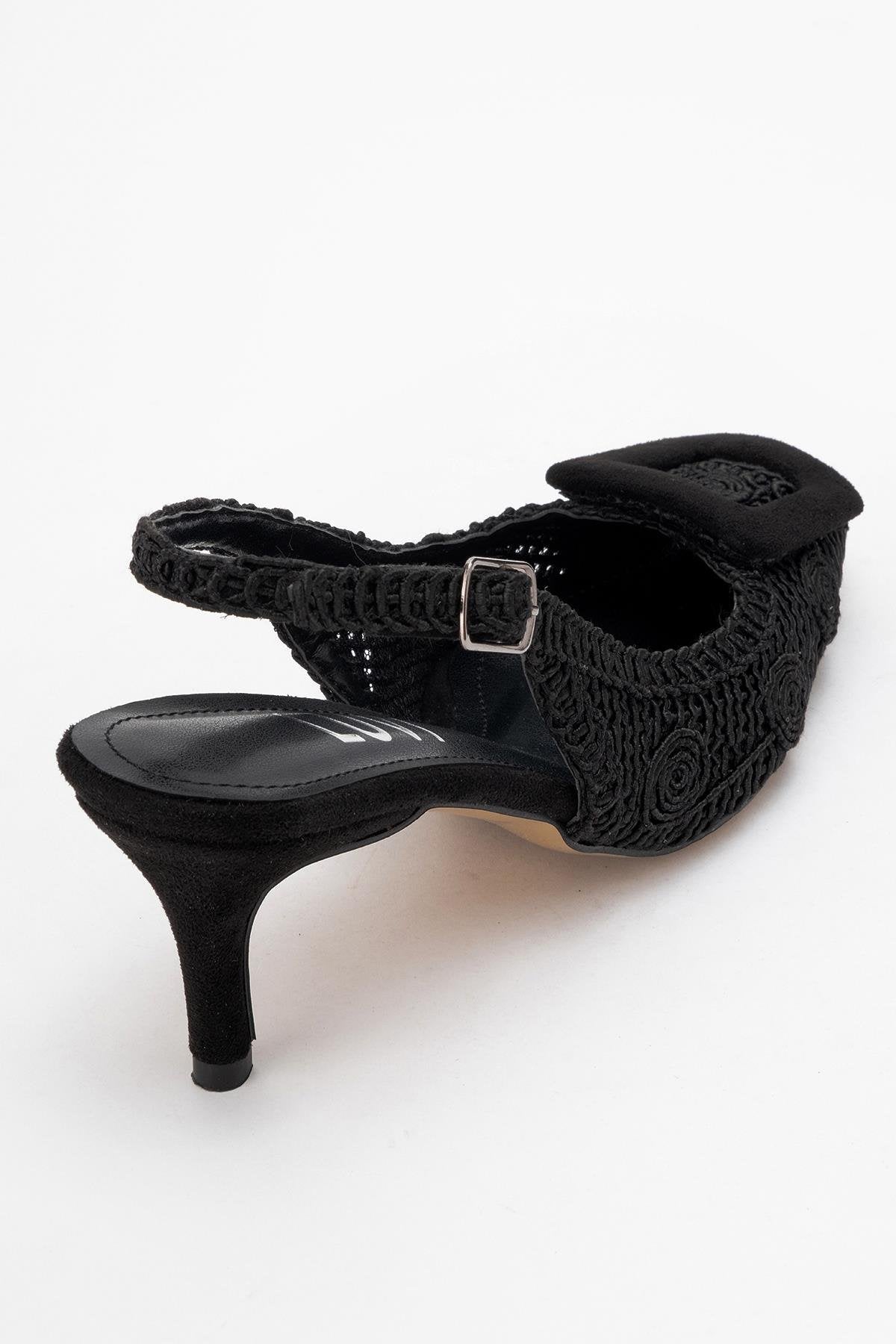 Ensley - Black Knitted Buckle-Detail Backless High Heel Shoe – back view showing leather, black, red, SimmiUnique