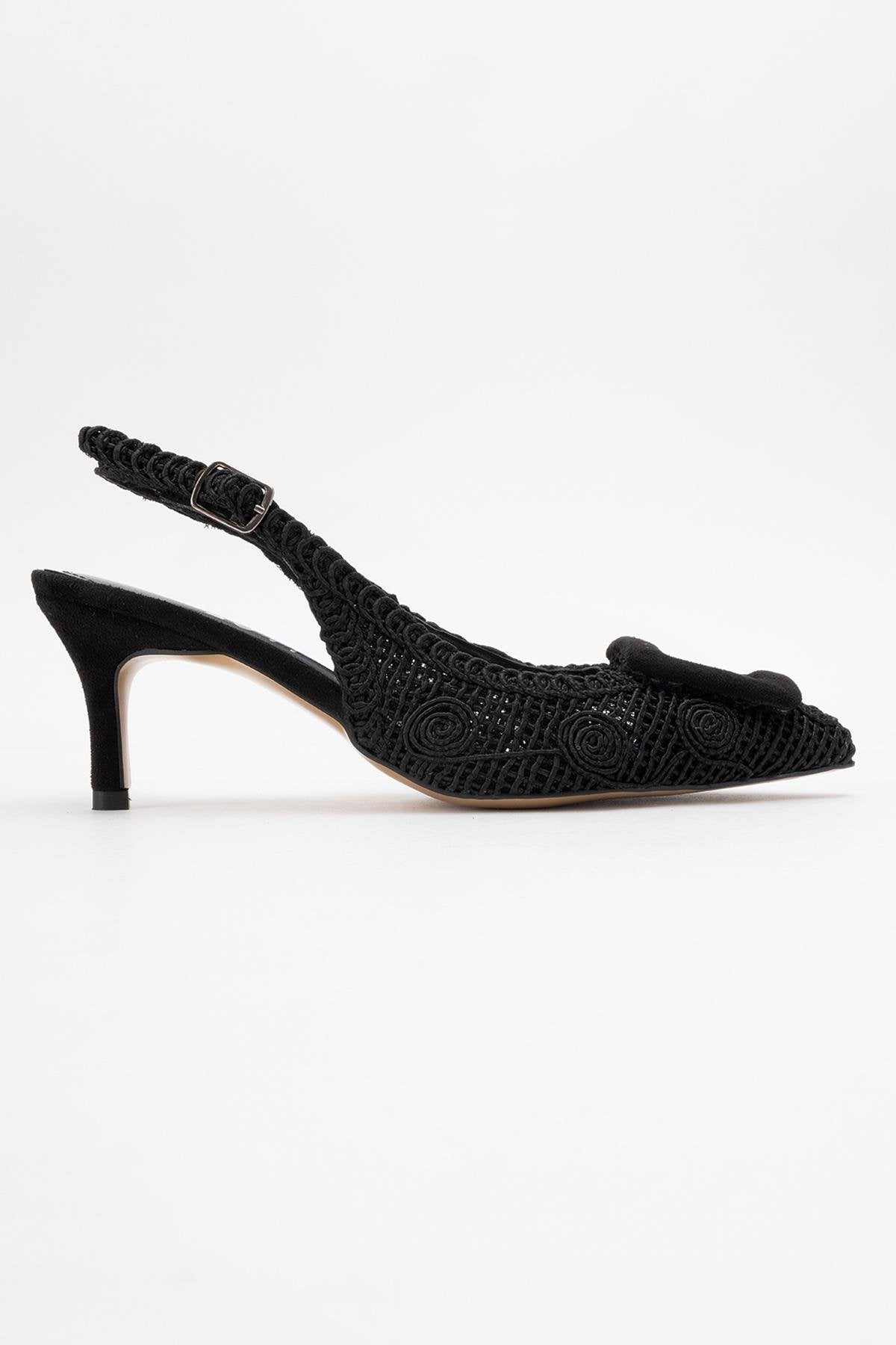 Ensley - Black Knitted Buckle-Detail Backless High Heel Shoe – top view showing leather, black, red, SimmiUnique