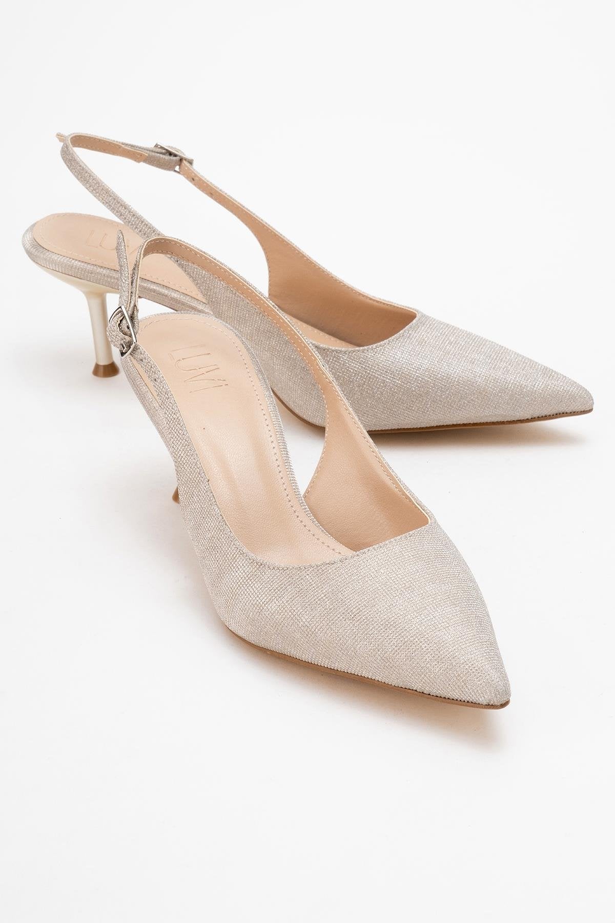 Caisa - Gold Glitter High Heel Shoe – front three-quarter view showing leather, glitter, gold, SimmiUnique