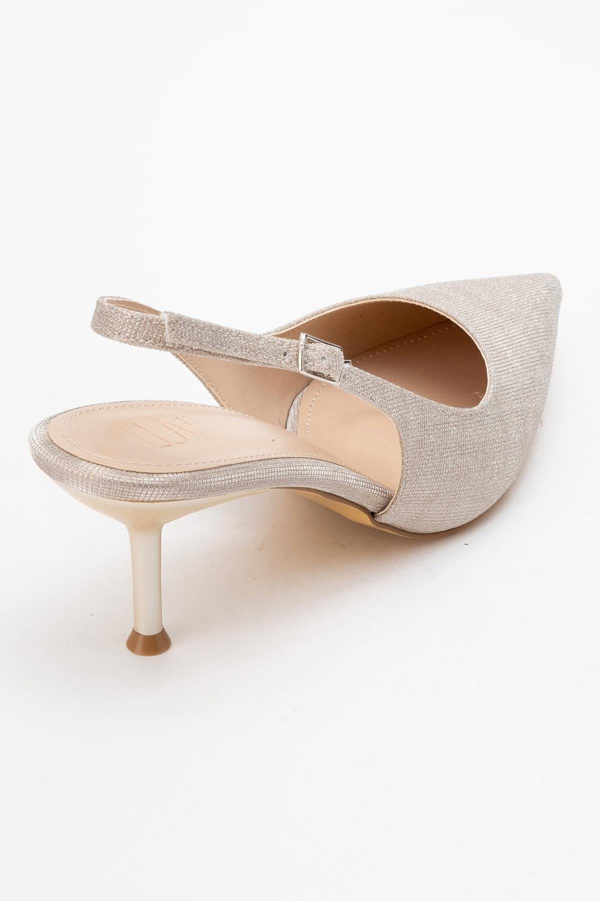 Caisa - Gold Glitter High Heel Shoe – back view showing leather, glitter, gold, SimmiUnique