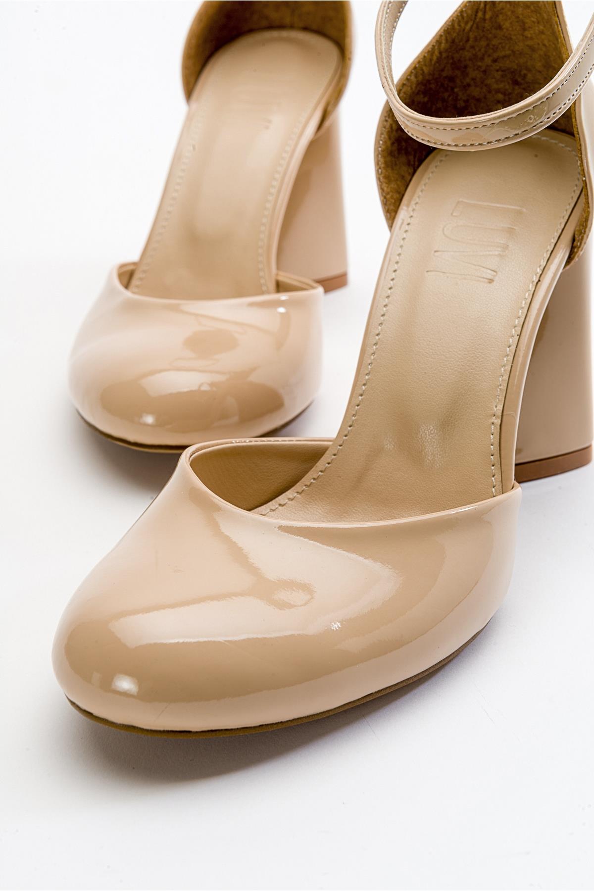 Oslo - Beige Heeled Shoe – side view showing leather, SimmiUnique