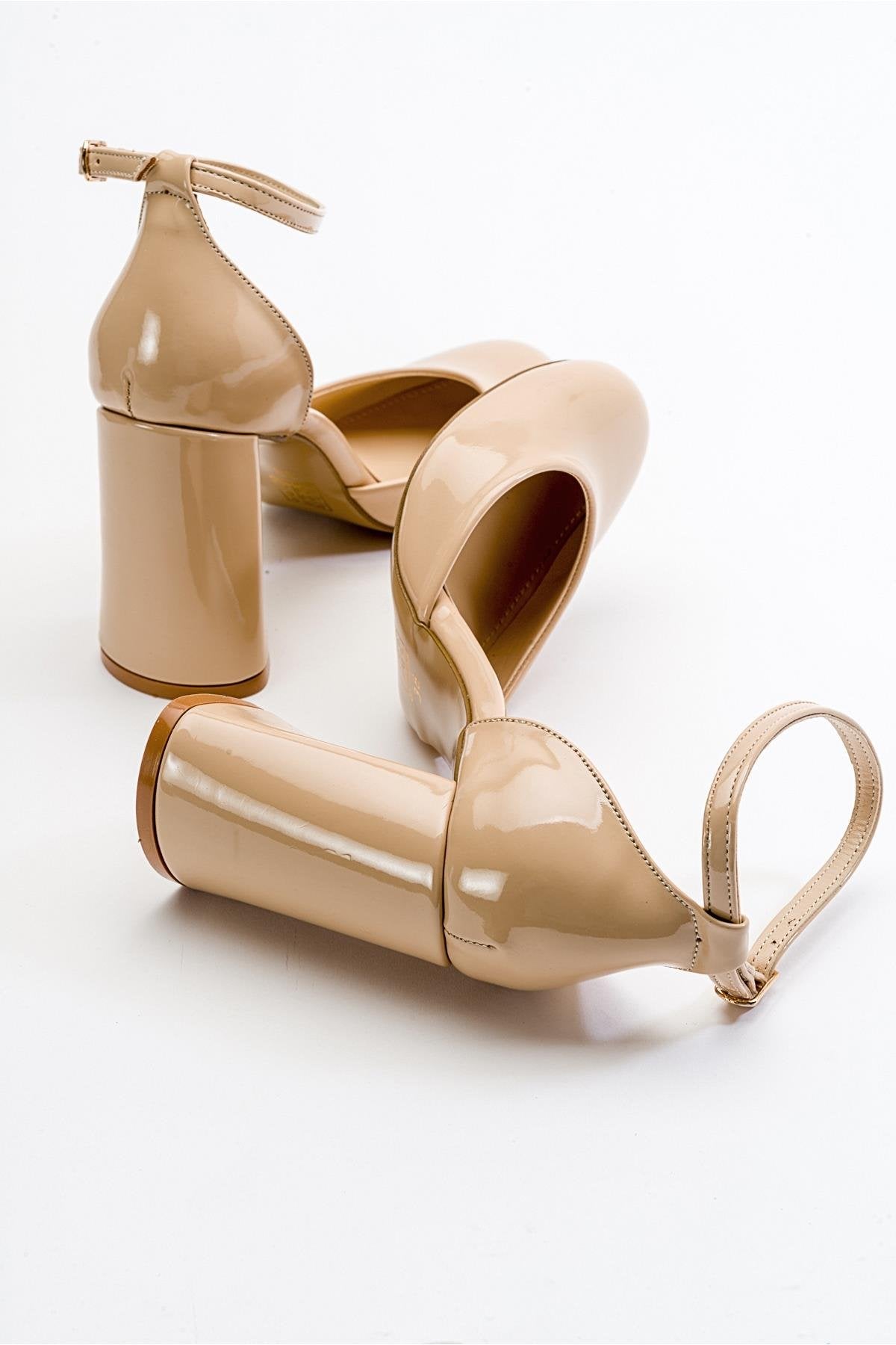 Oslo - Beige Heeled Shoe – detail view showing leather, SimmiUnique