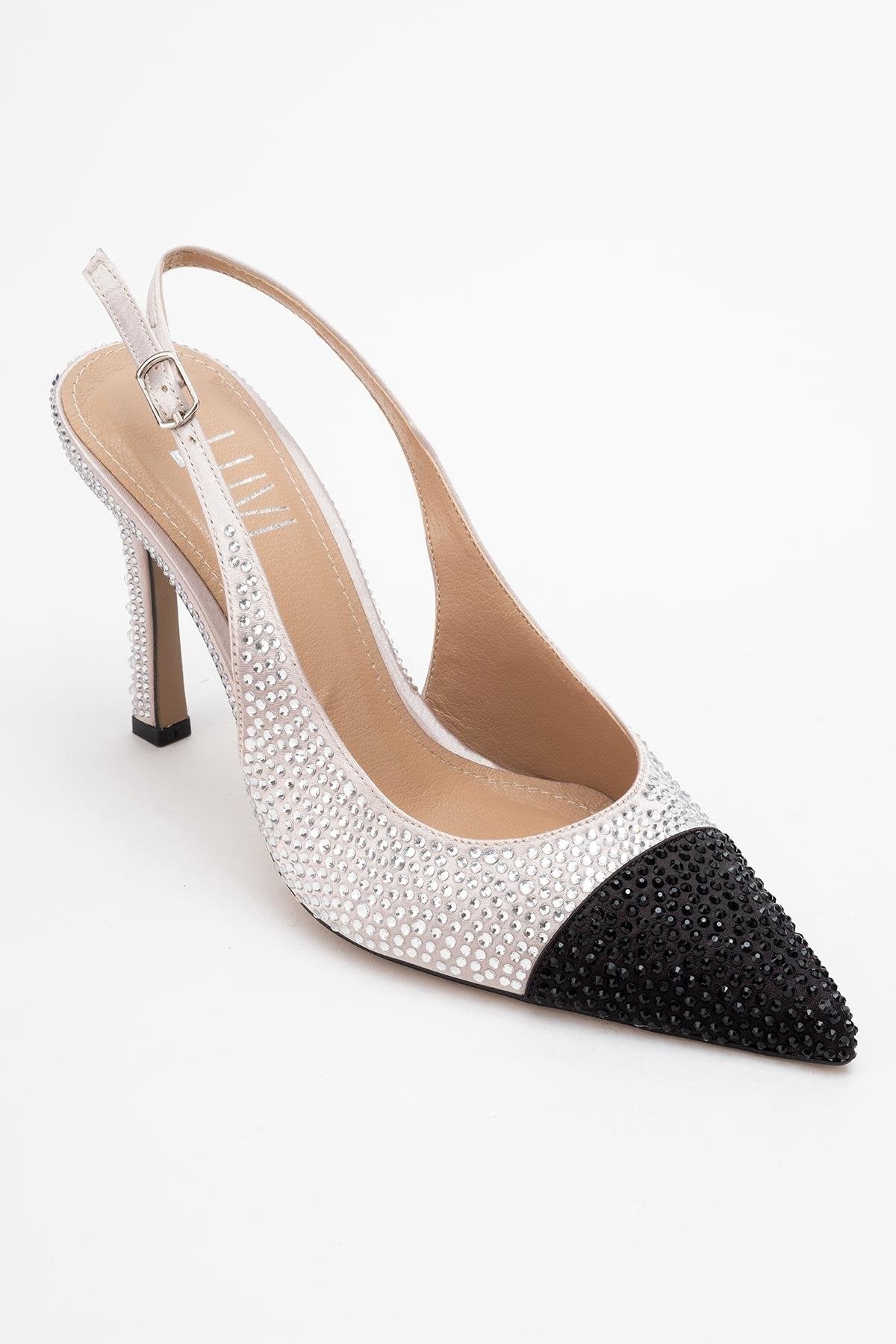 London - Beige Black Crystal-Embellished High Heel Shoe – detail view showing crystal, leather, black, SimmiUnique