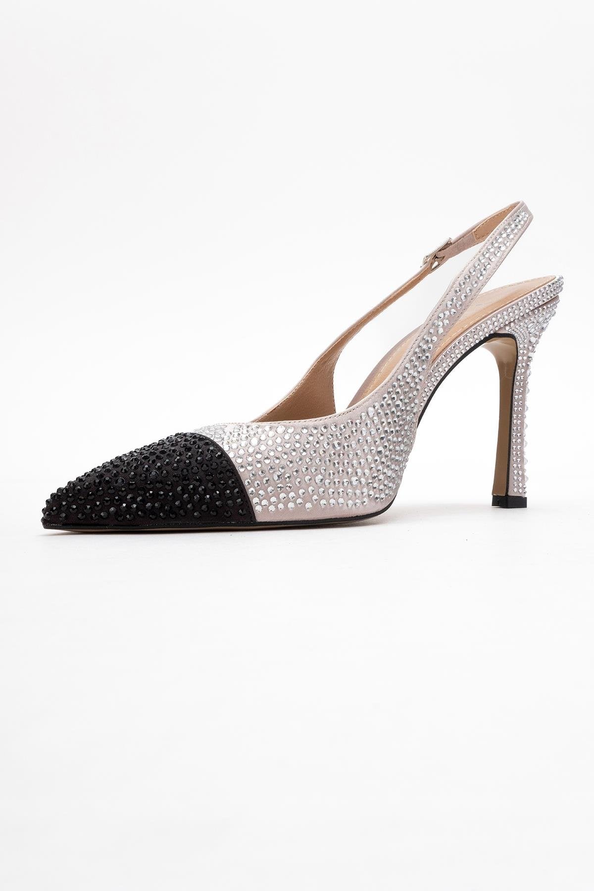 London - Beige Black Crystal-Embellished High Heel Shoe – heel view showing crystal, leather, black, SimmiUnique