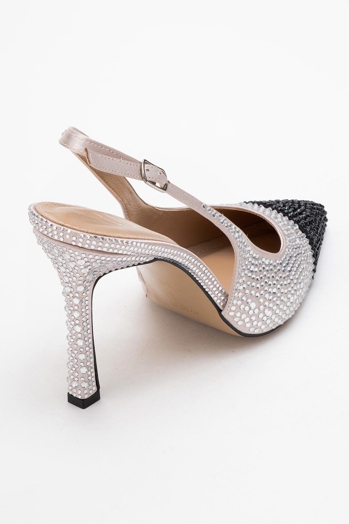 London - Beige Black Crystal-Embellished High Heel Shoe – back view showing crystal, leather, black, SimmiUnique