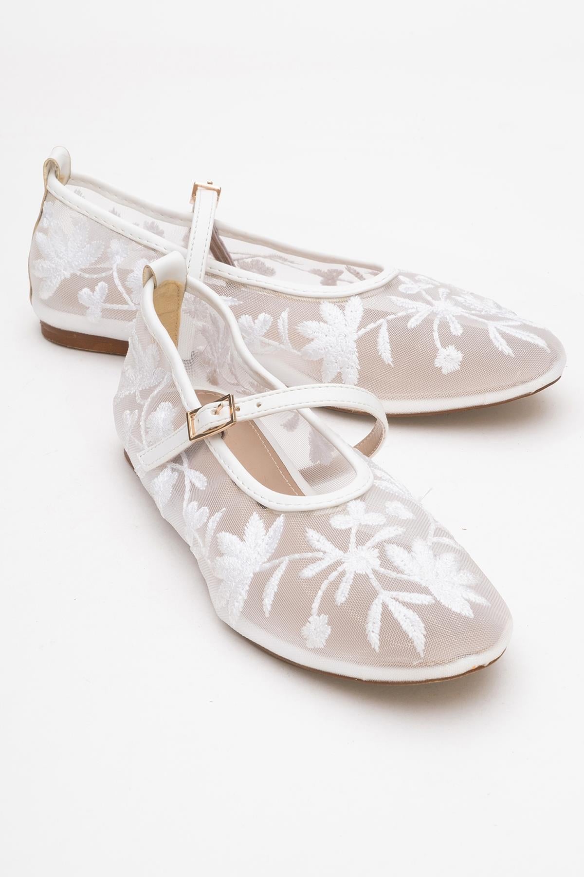 Juny White Mesh Floral Embroidery Ballet Flat – front three-quarter view showing leather, mesh, white, SimmiUnique
