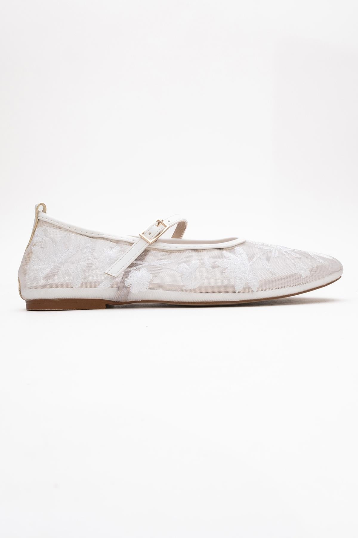 Juny White Mesh Floral Embroidery Ballet Flat – top view showing leather, mesh, white, SimmiUnique