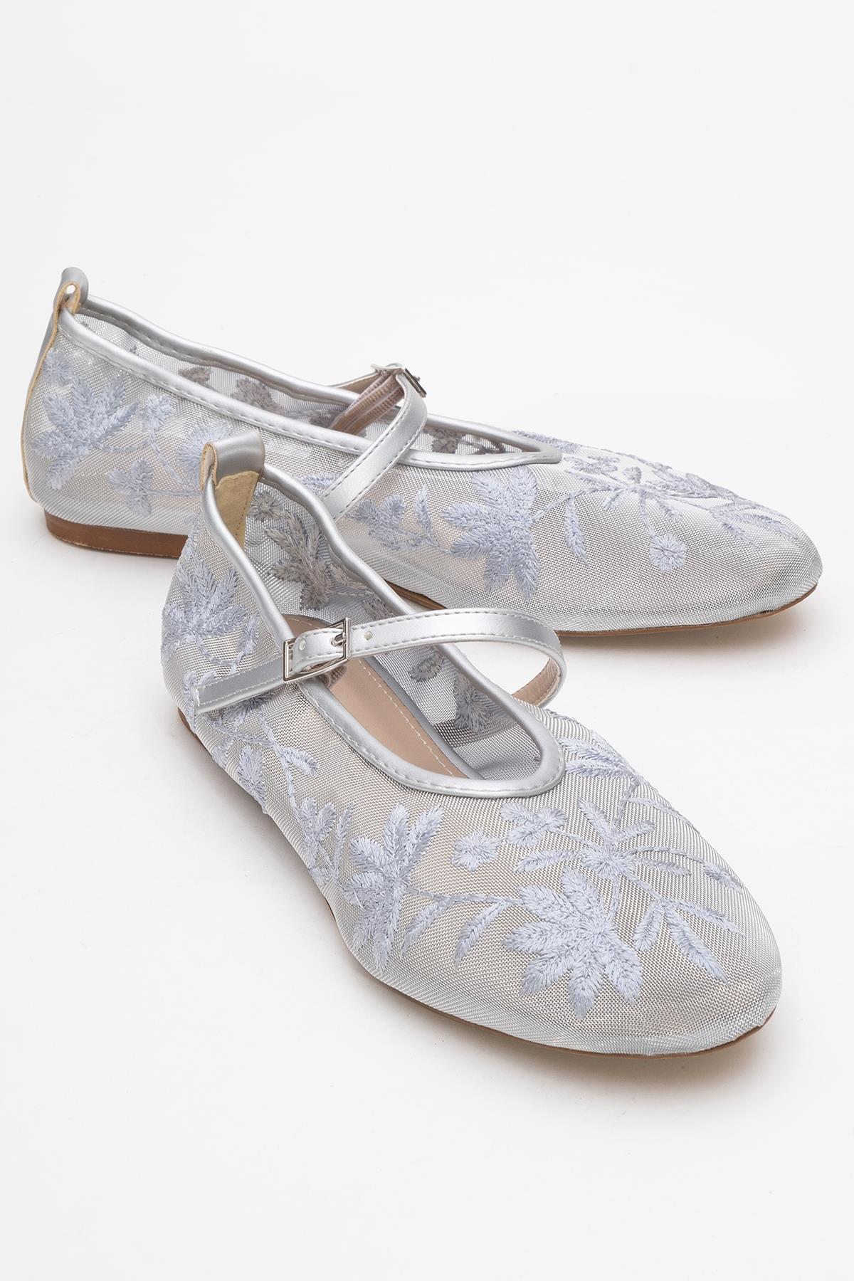 Juny Gray Mesh Floral Embroidery Ballet Flat – front three-quarter view showing leather, mesh, red, SimmiUnique