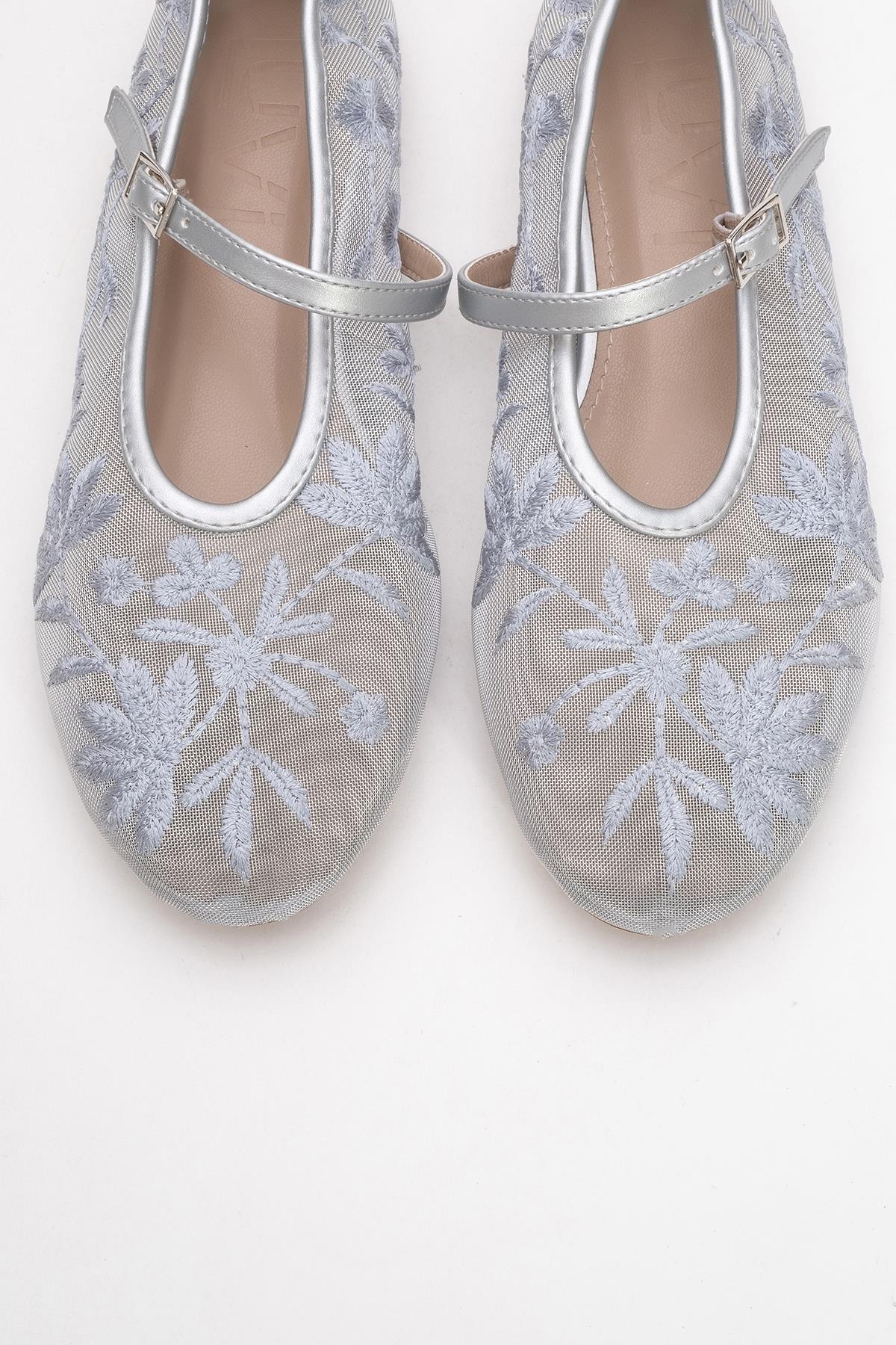 Juny Gray Mesh Floral Embroidery Ballet Flat – side view showing leather, mesh, red, SimmiUnique