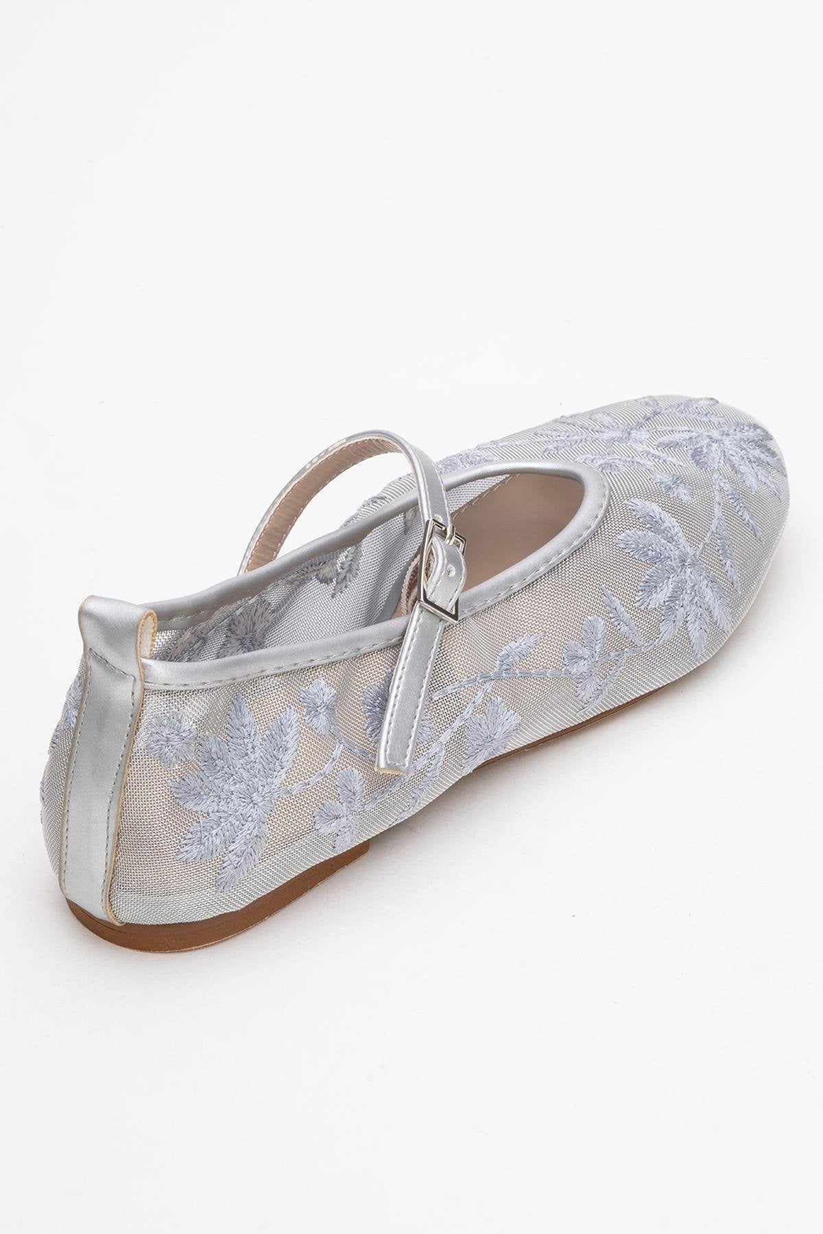 Juny Gray Mesh Floral Embroidery Ballet Flat – back view showing leather, mesh, red, SimmiUnique