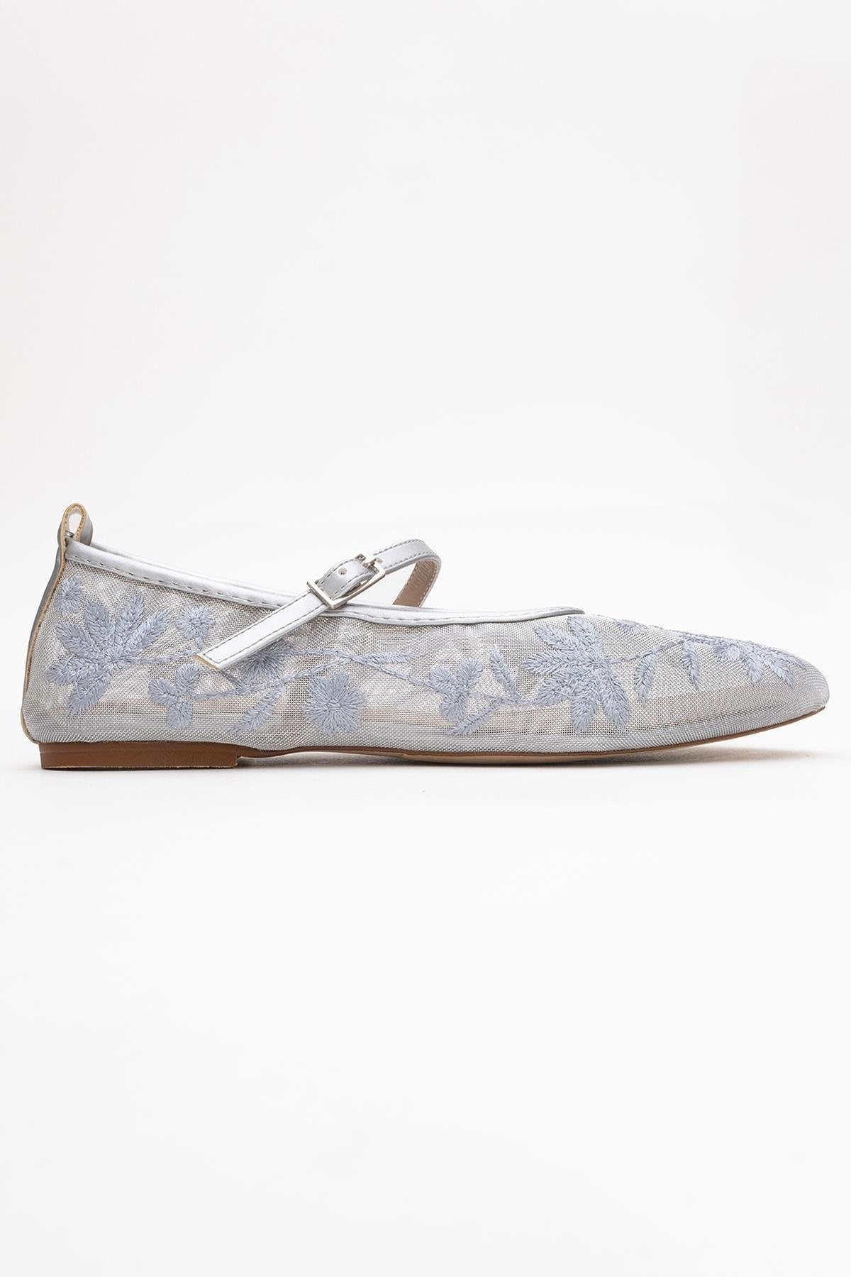 Juny Gray Mesh Floral Embroidery Ballet Flat – top view showing leather, mesh, red, SimmiUnique