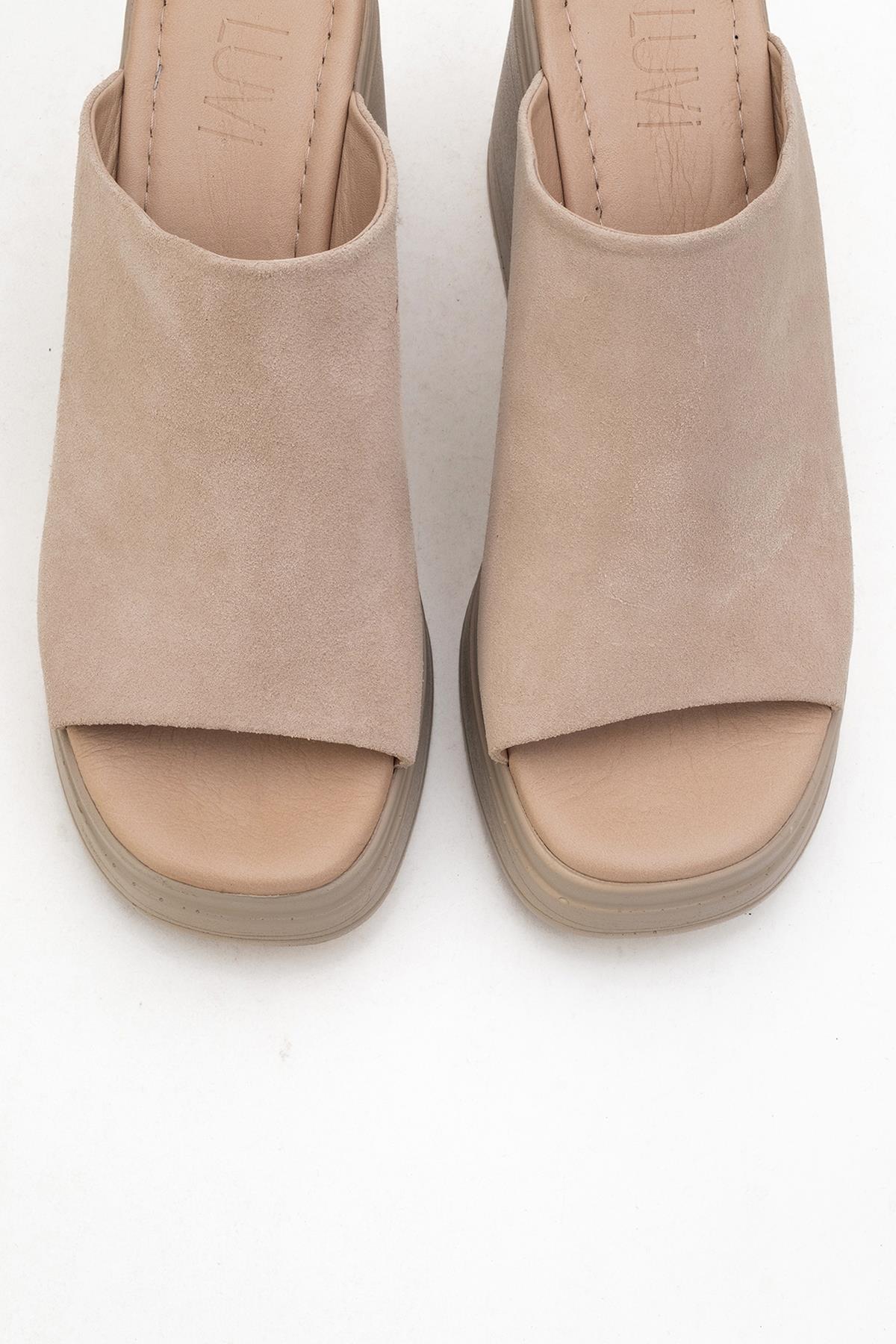 Nola - Beige Suede Leather Heeled Mules – side view showing leather, suede, SimmiUnique