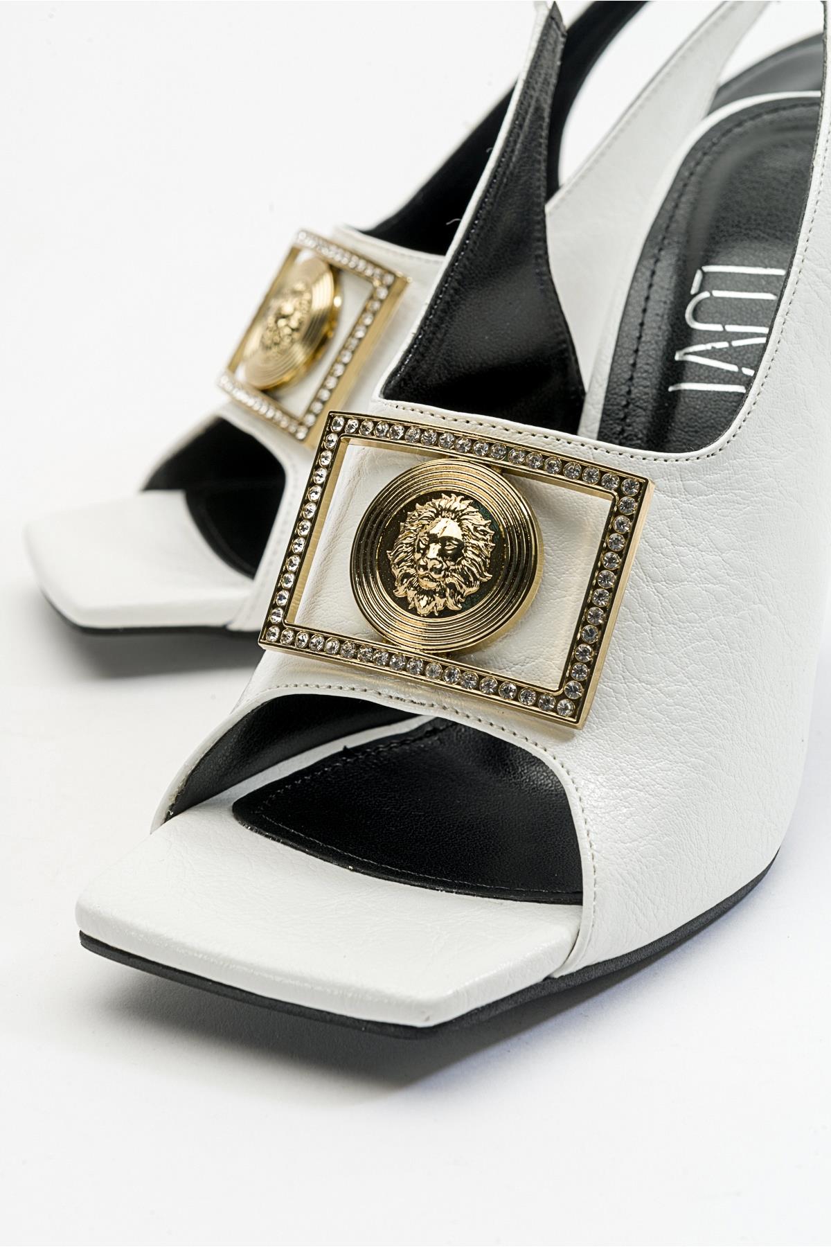 Olney - White Heeled Shoe – detail view showing leather, white, SimmiUnique