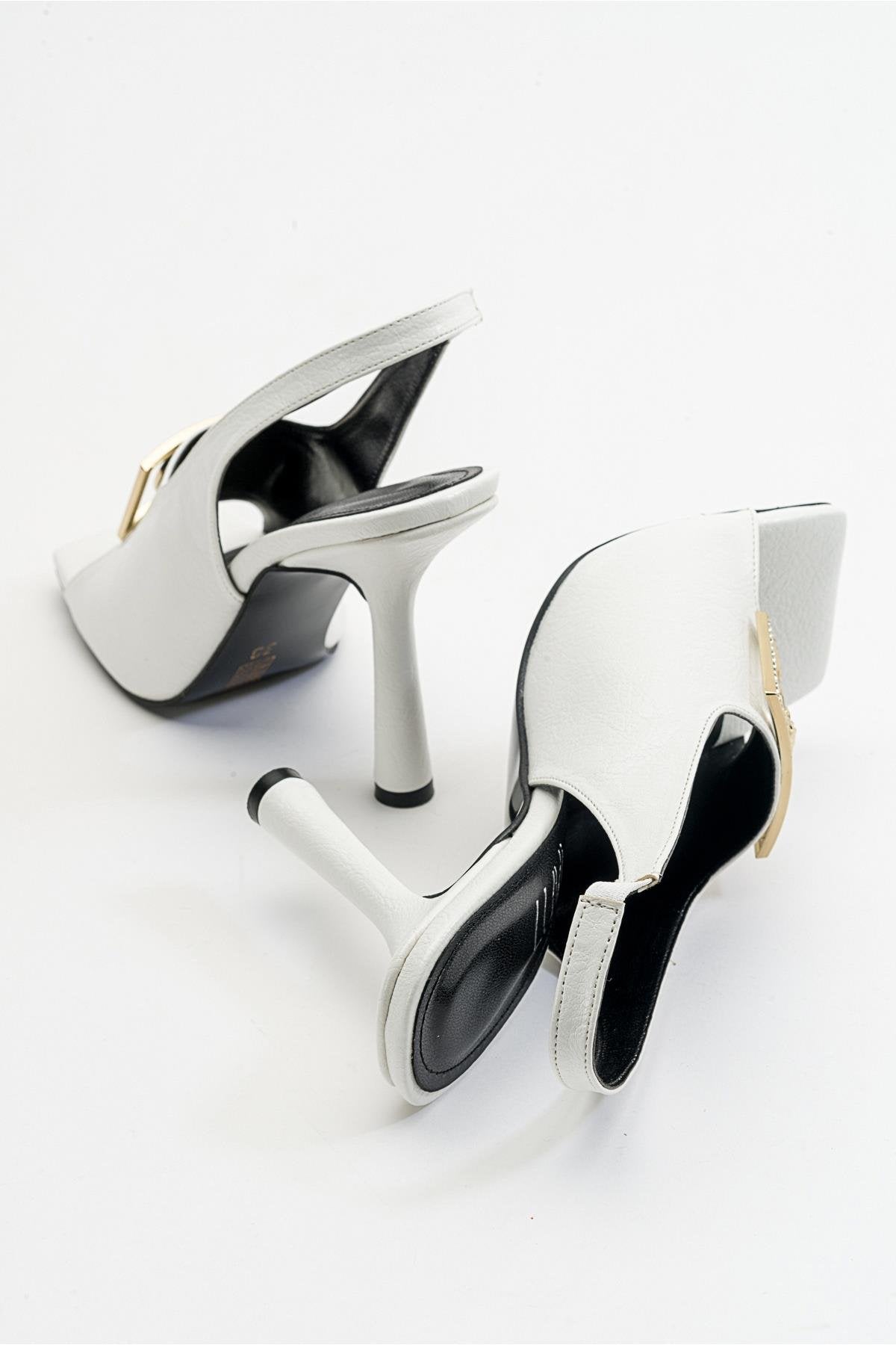 Olney - White Heeled Shoe – heel view showing leather, white, SimmiUnique