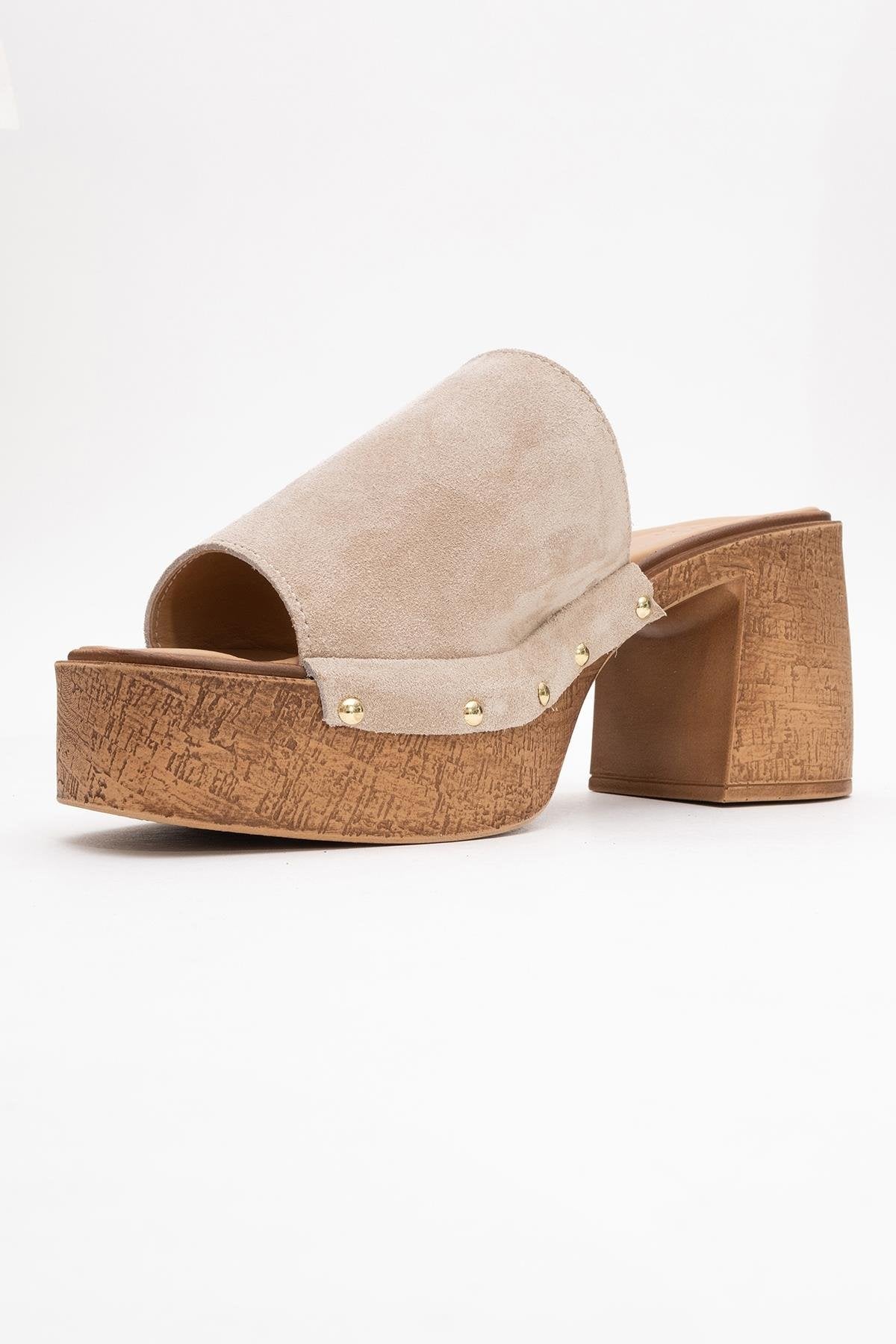 Pull - Beige Suede Leather Heeled Mules – heel view showing leather, suede, red, SimmiUnique