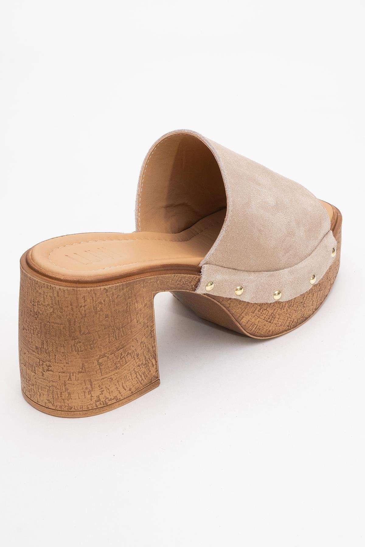 Pull - Beige Suede Leather Heeled Mules – back view showing leather, suede, red, SimmiUnique