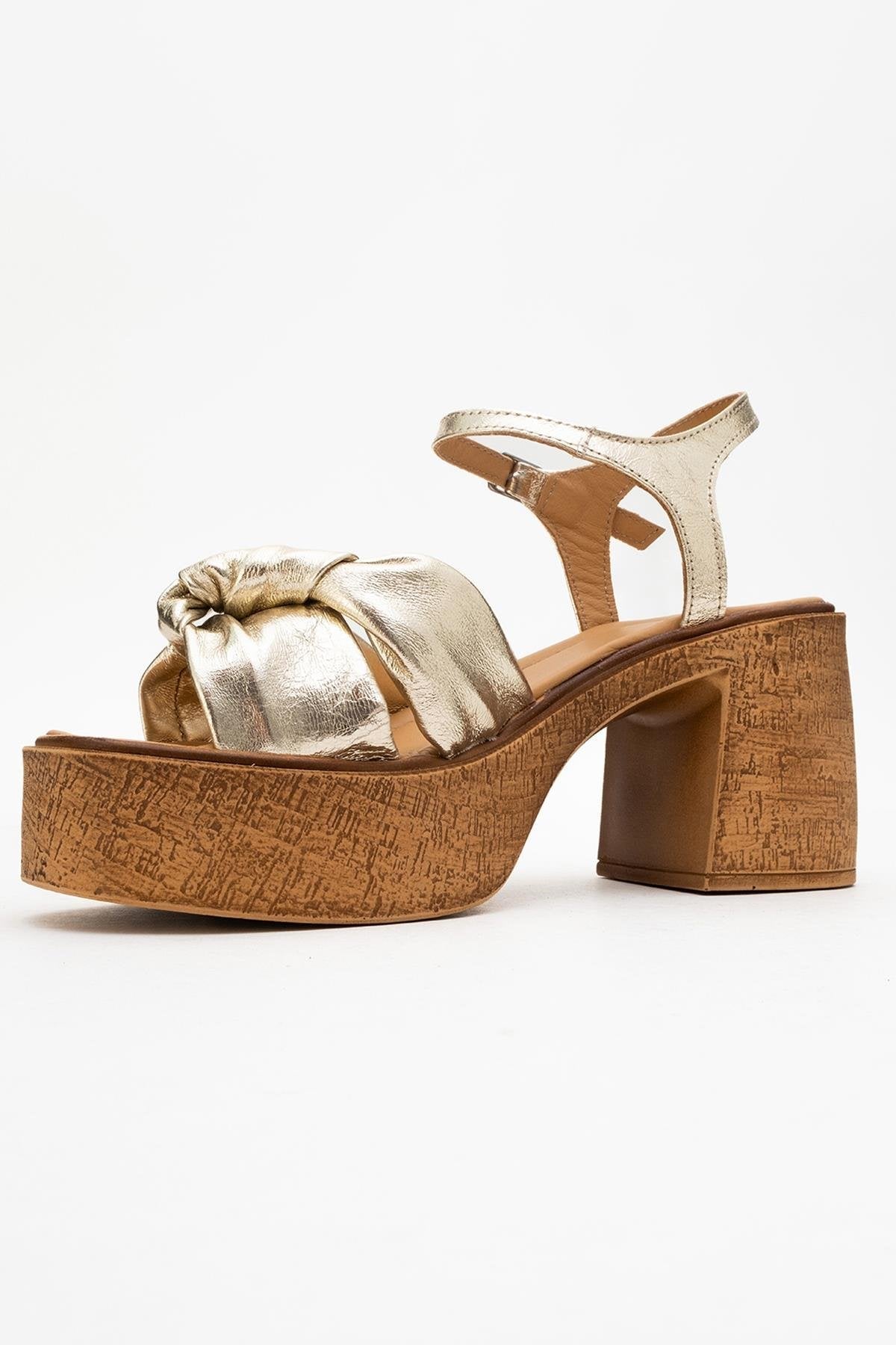 Tily - Gold Platform Wedge Leather Sandal – detail view showing leather, gold, SimmiUnique