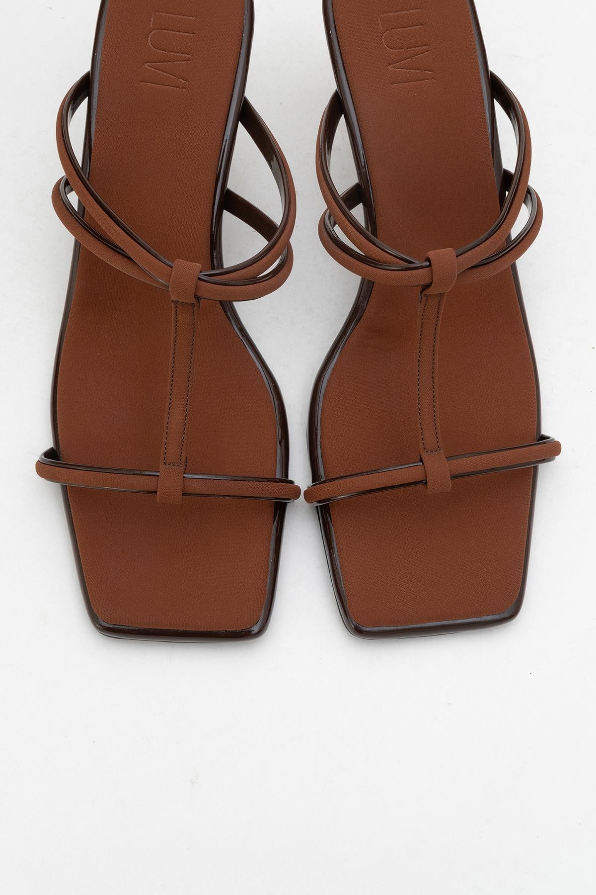 Mocha Brown Square‑Toe Thin‑Strap Heel Sandal – side view showing leather, red, SimmiUnique