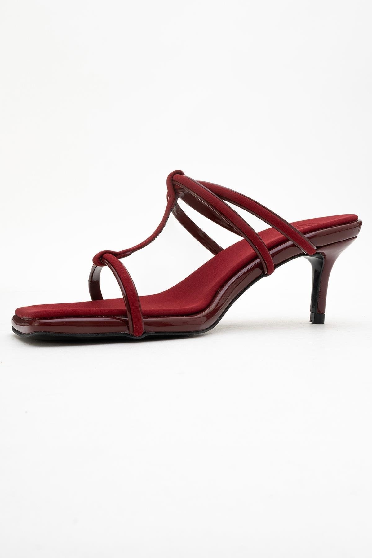 Mocha Burgundy Square‑Toe Thin‑Strap Heel Sandal – heel view showing leather, red, SimmiUnique