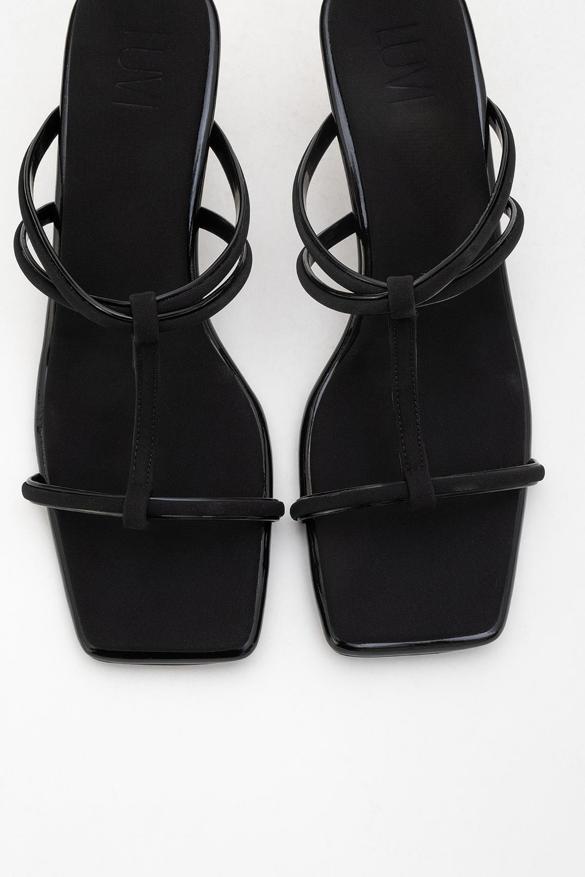Mocha Black Square‑Toe Thin‑Strap Heel Sandal – side view showing leather, black, red, SimmiUnique