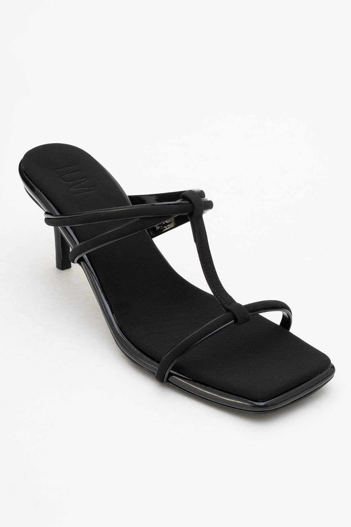 Mocha Black Square‑Toe Thin‑Strap Heel Sandal – detail view showing leather, black, red, SimmiUnique