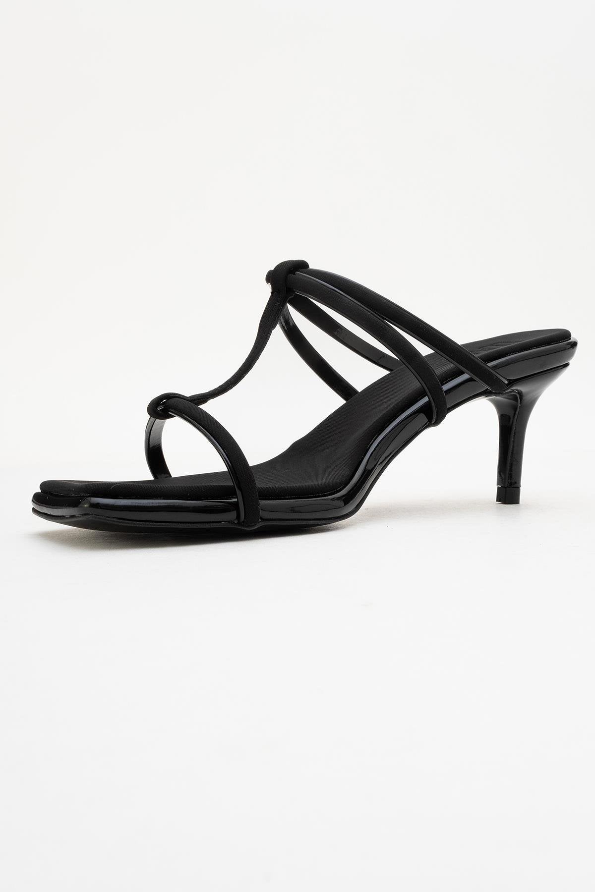 Mocha Black Square‑Toe Thin‑Strap Heel Sandal – heel view showing leather, black, red, SimmiUnique