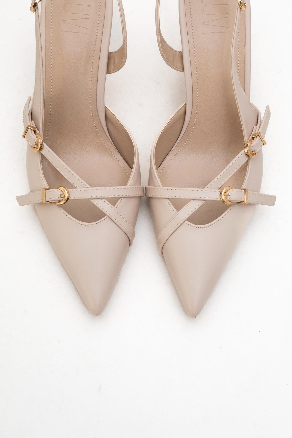 Biana - Beige Pointed Toe Stiletto Pump – side view showing leather, SimmiUnique