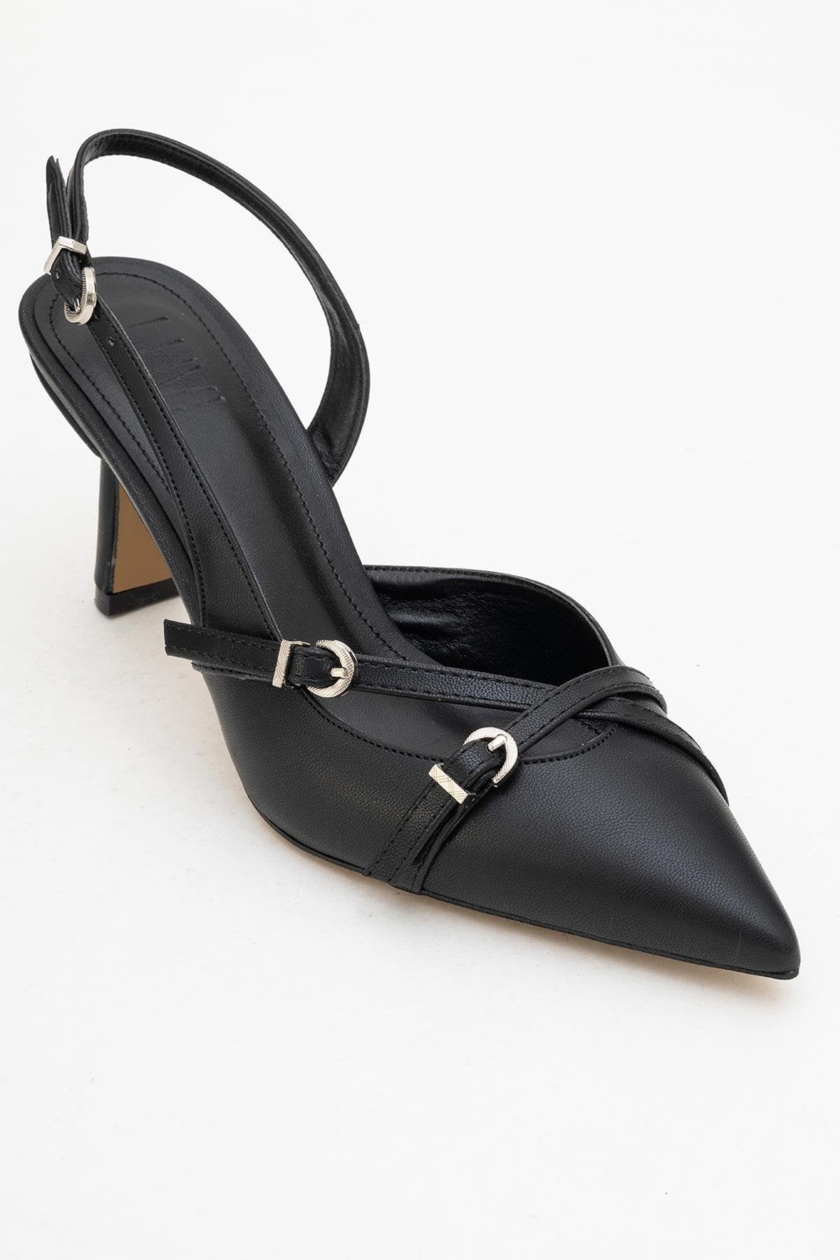 Biana - Black Buckle Pointed Toe Pump – detail view showing leather, black, SimmiUnique
