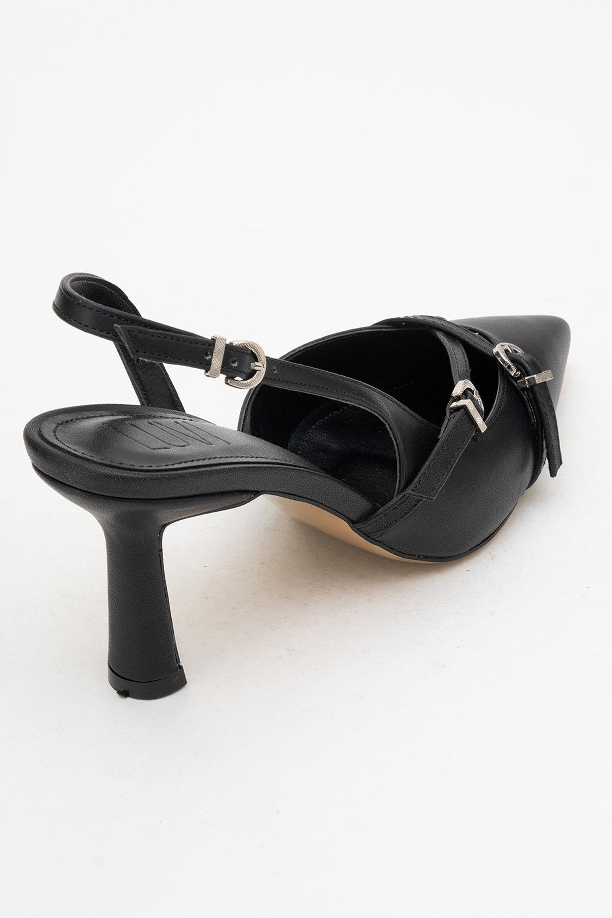Biana - Black Buckle Pointed Toe Pump – back view showing leather, black, SimmiUnique