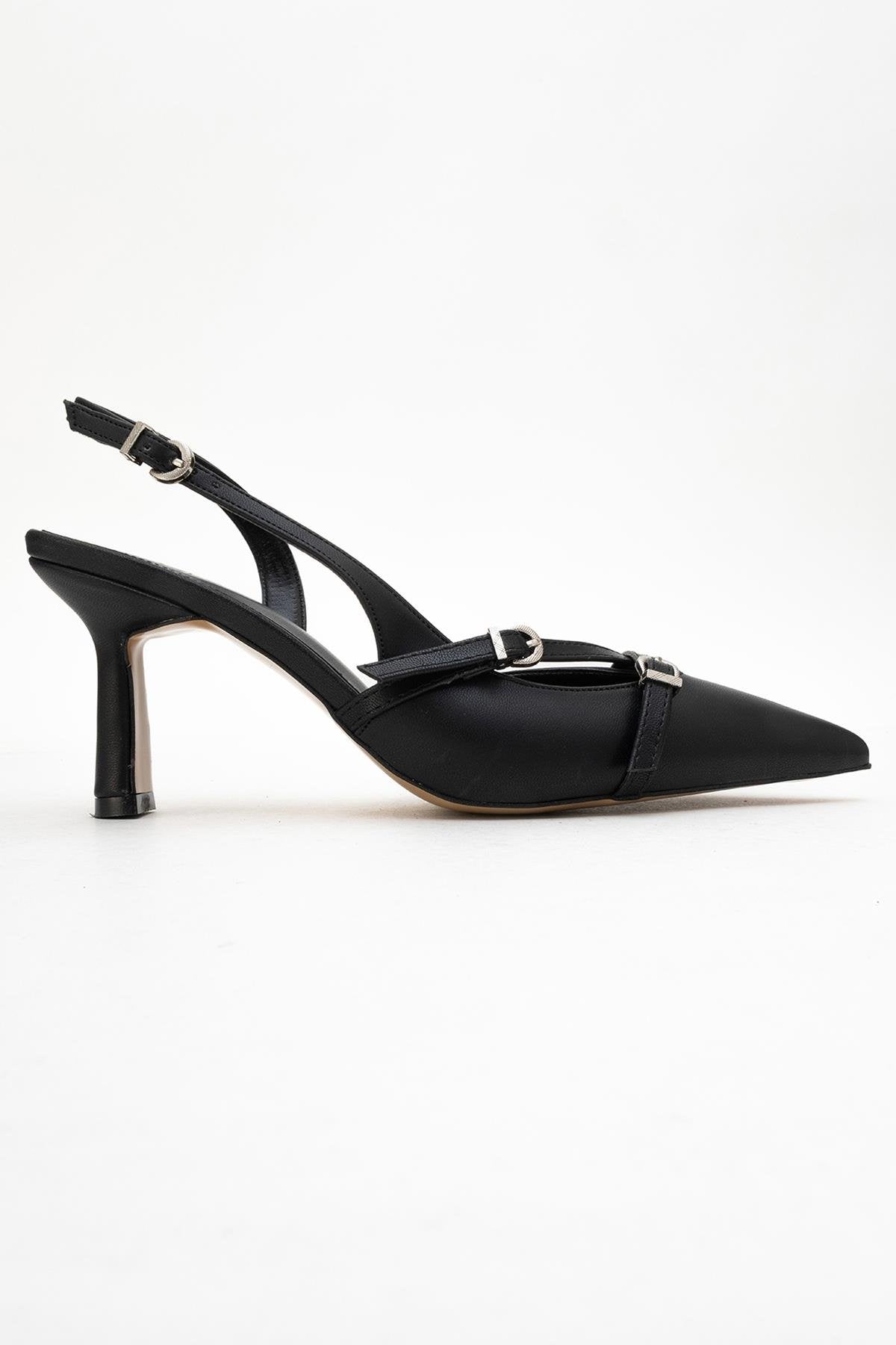 Biana - Black Buckle Pointed Toe Pump – top view showing leather, black, SimmiUnique