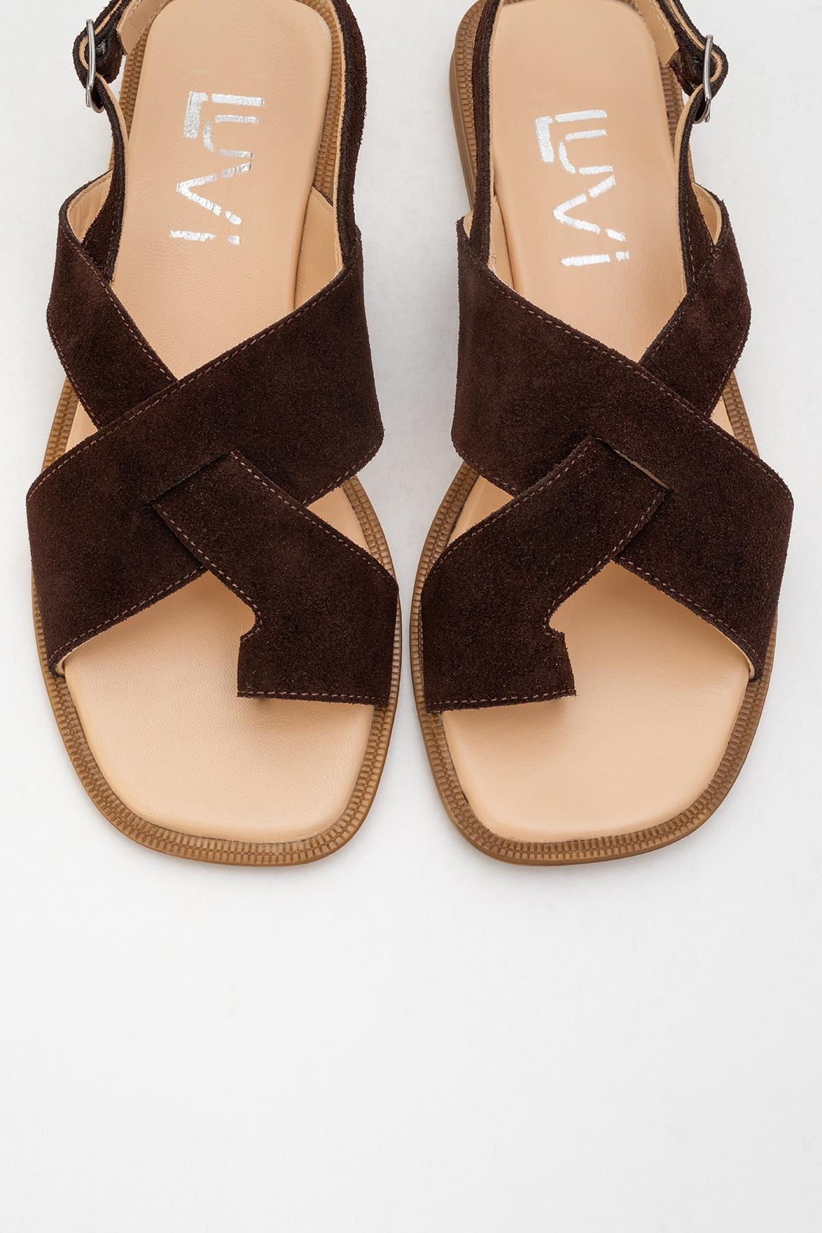 Louna - Brown Suede Leather Thong Sandals – side view showing leather, suede, SimmiUnique