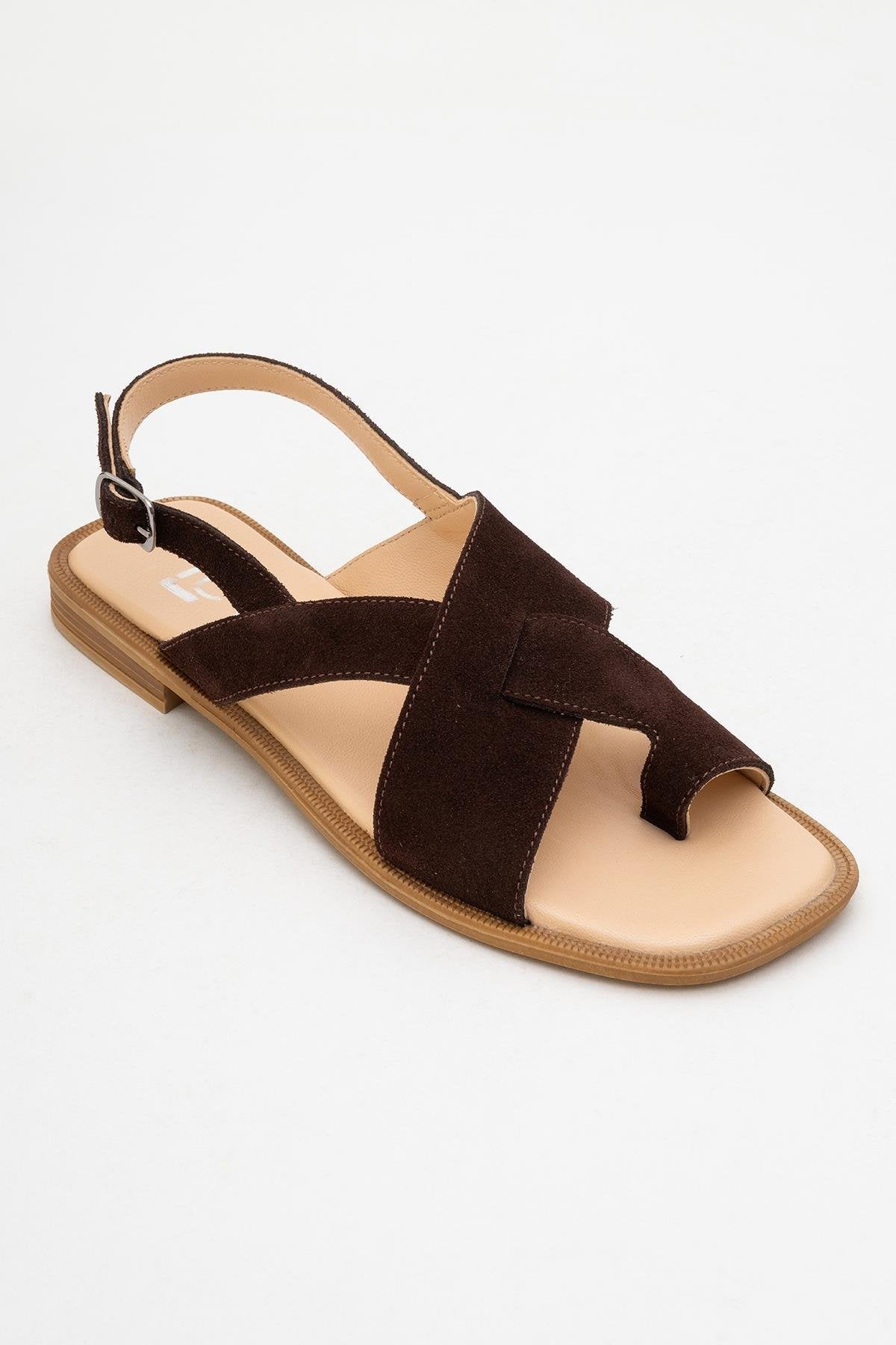 Louna - Brown Suede Leather Thong Sandals – detail view showing leather, suede, SimmiUnique