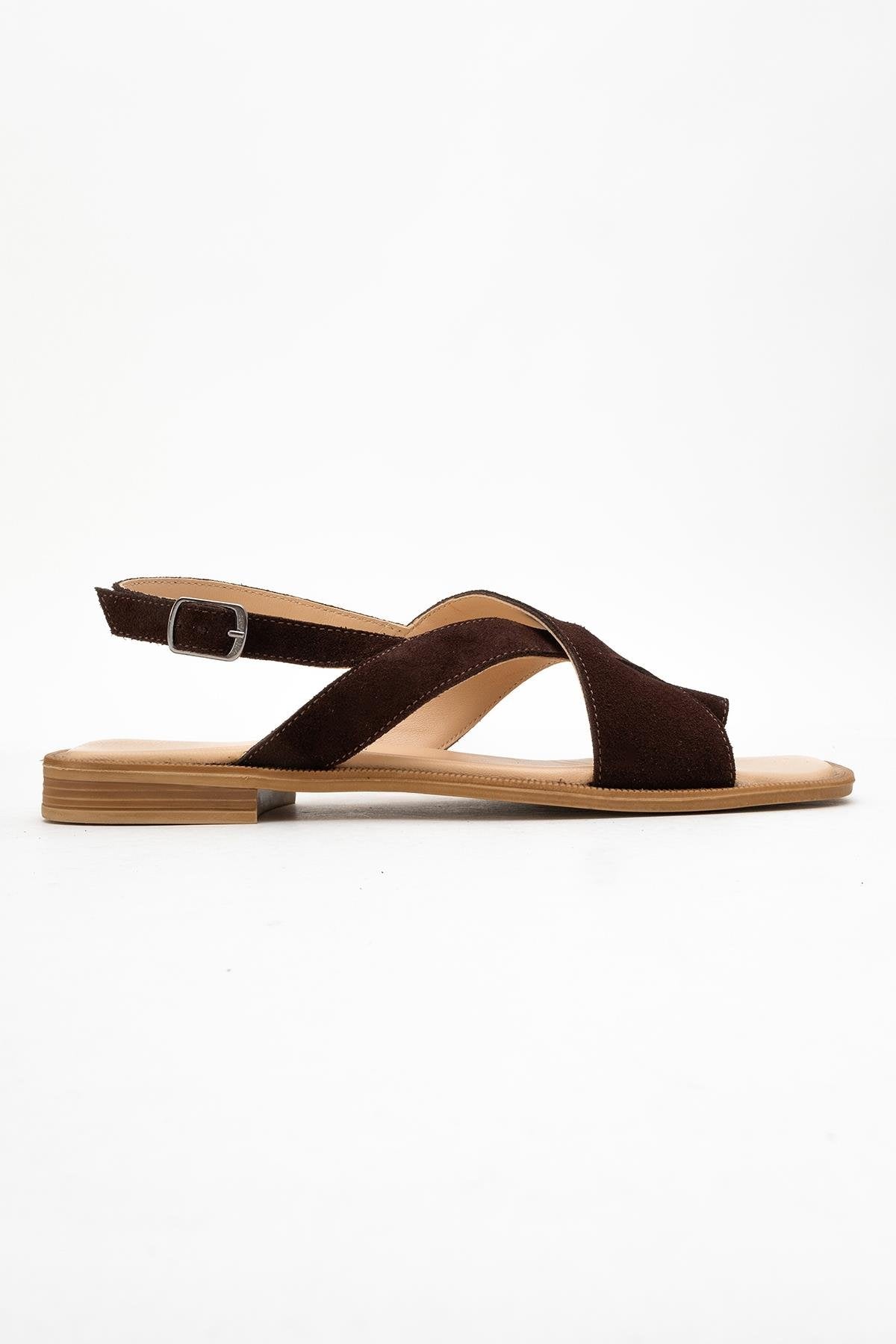 Louna - Brown Suede Leather Thong Sandals – top view showing leather, suede, SimmiUnique
