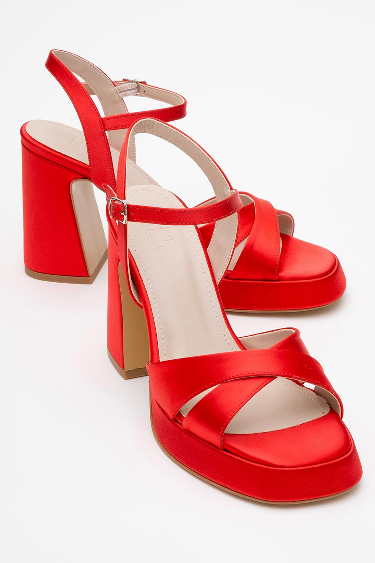 Lello - Red Satin Platform Heel Shoe – front three-quarter view showing satin, leather, red, SimmiUnique