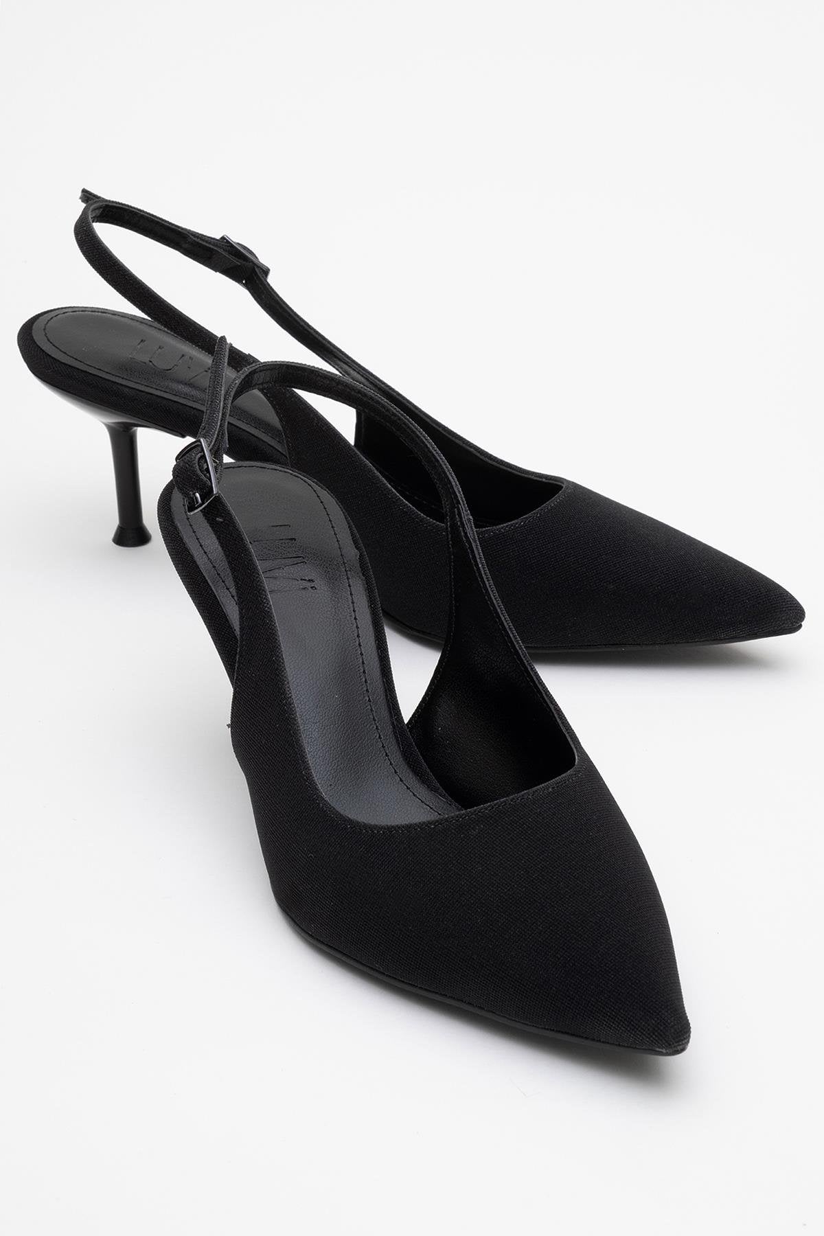Caisa - Black Glitter Slingback Pointed Toe Pump – front three-quarter view showing leather, glitter, black, SimmiUnique