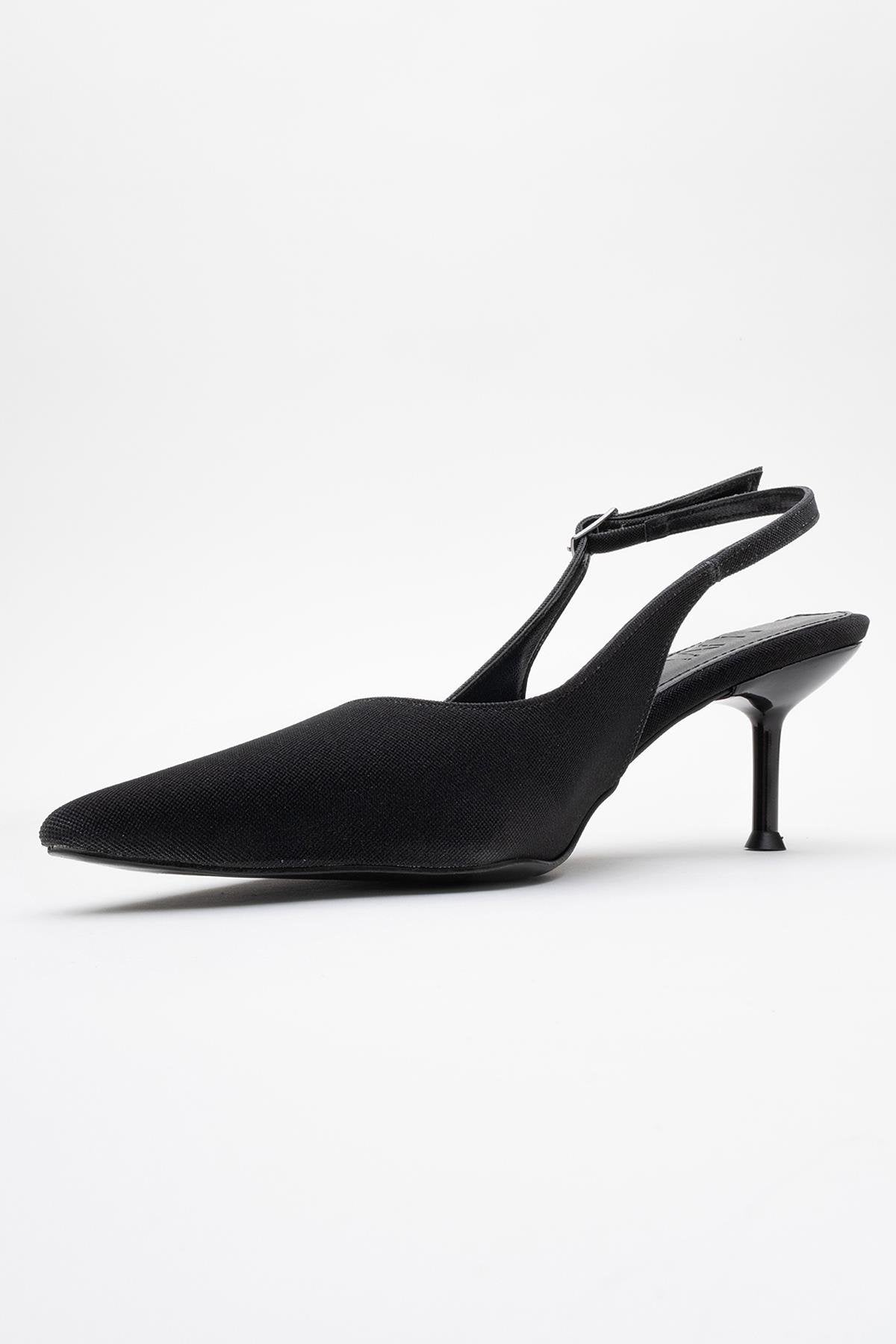 Caisa - Black Glitter Slingback Pointed Toe Pump – heel view showing leather, glitter, black, SimmiUnique