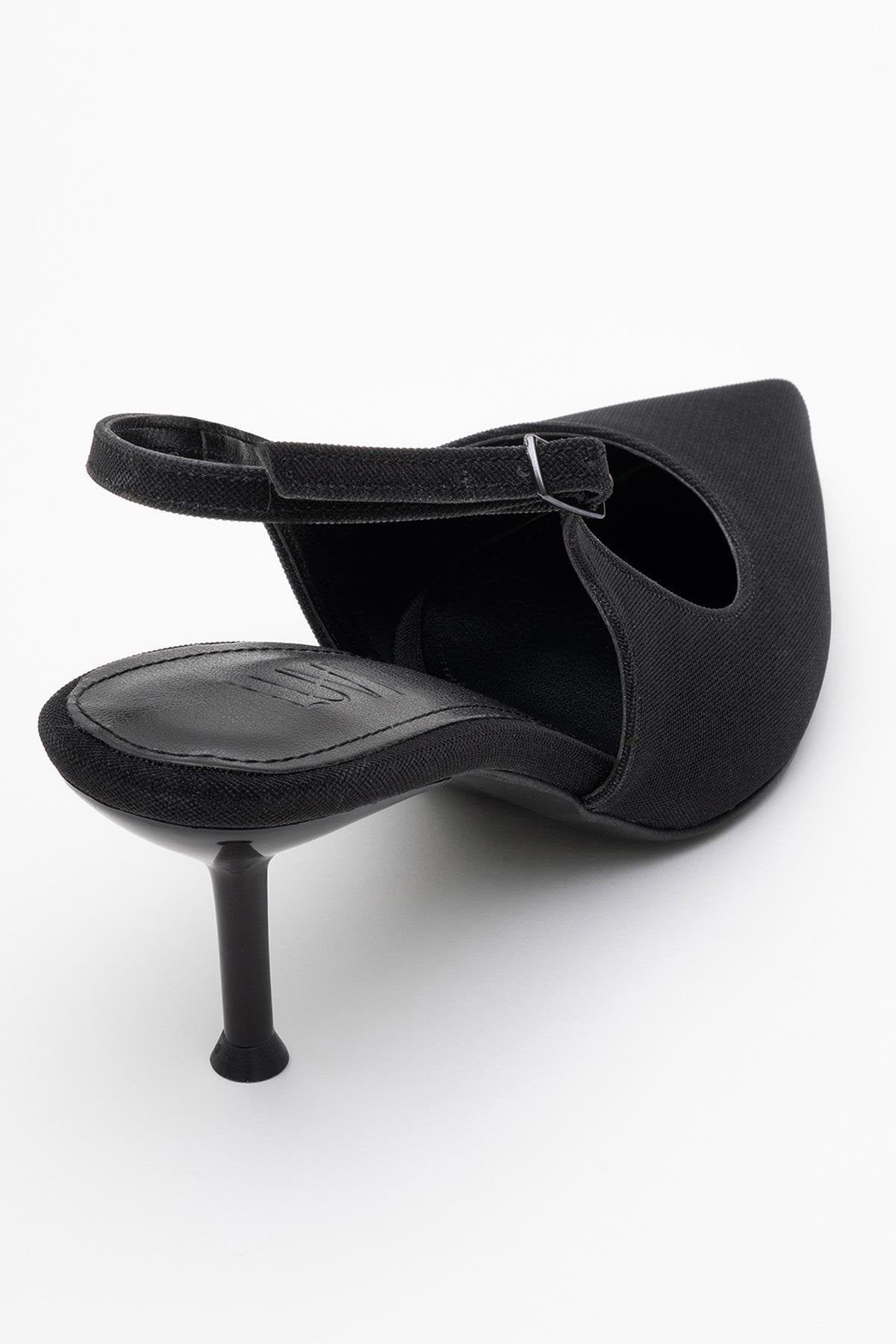 Caisa - Black Glitter Slingback Pointed Toe Pump – back view showing leather, glitter, black, SimmiUnique