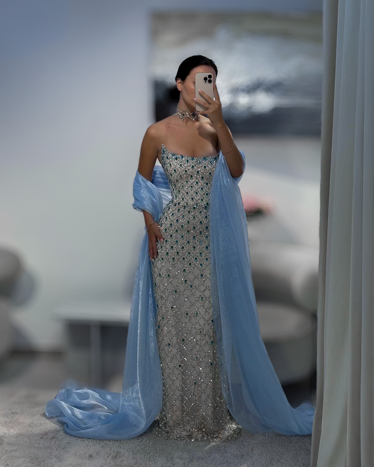 Ice Blue Crystal Column Gown With Draped Shawl - SimmiUnique