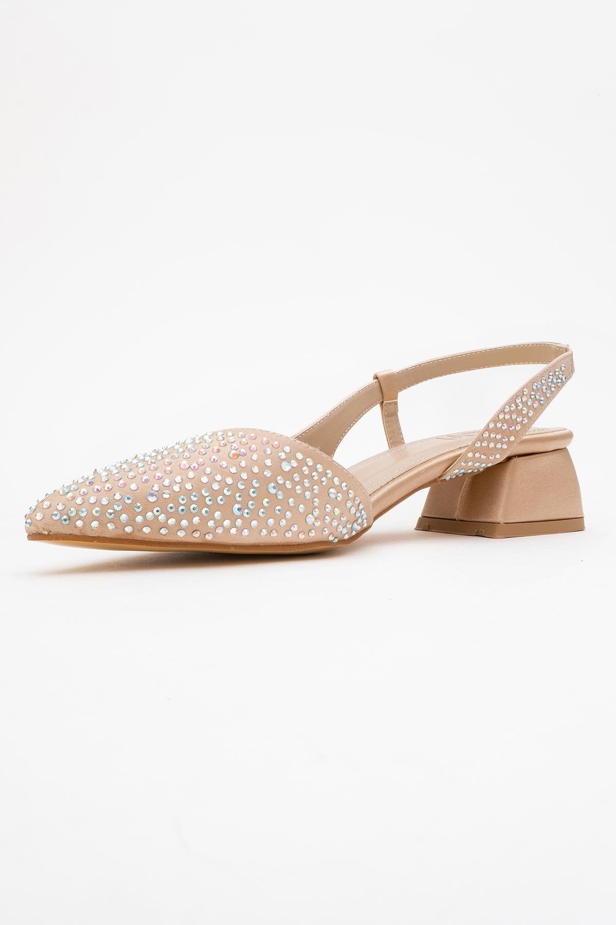 Sella - Beige Satin Jeweled Short Block Heel Shoe – heel view showing satin, leather, SimmiUnique