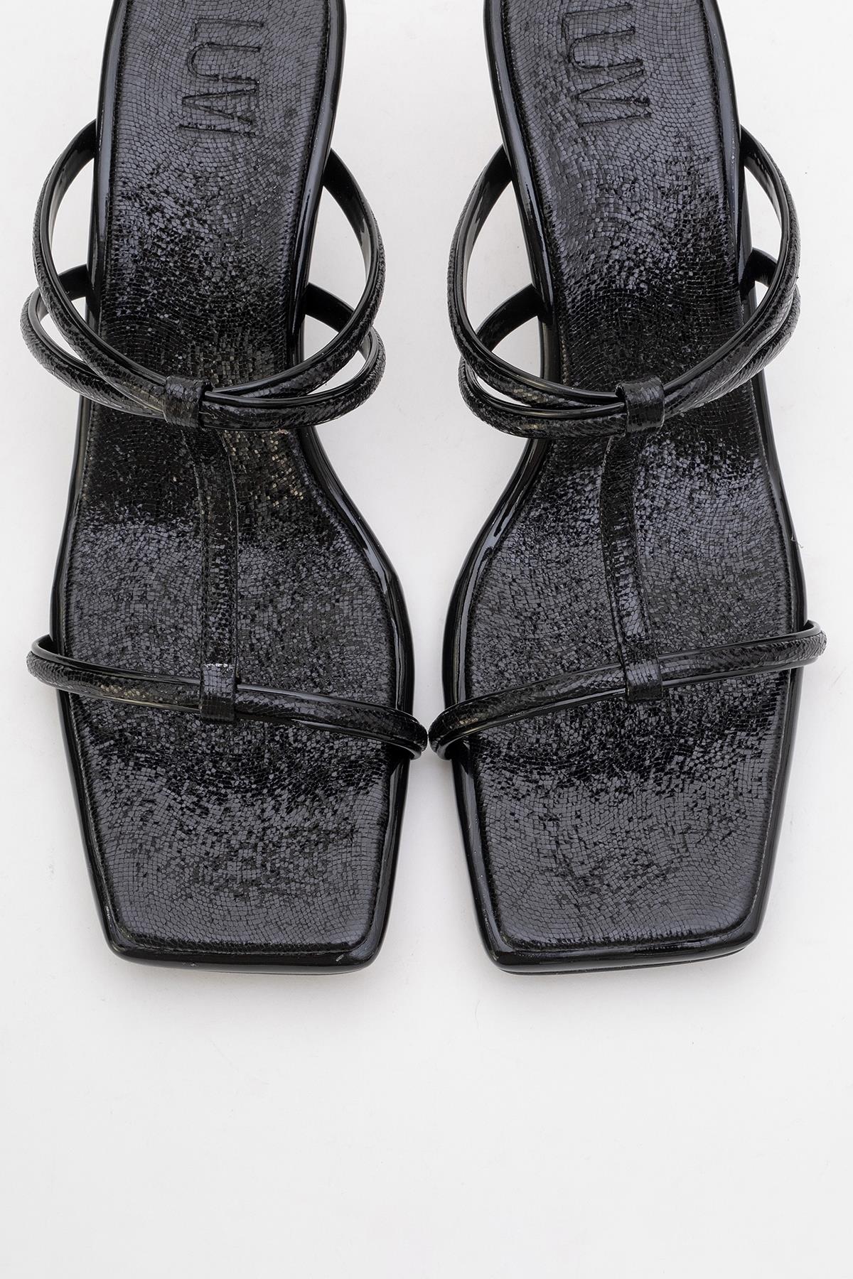 Mocha Black Pattern Square‑Toe Thin‑Strap Heel Sandal – side view showing leather, black, red, SimmiUnique