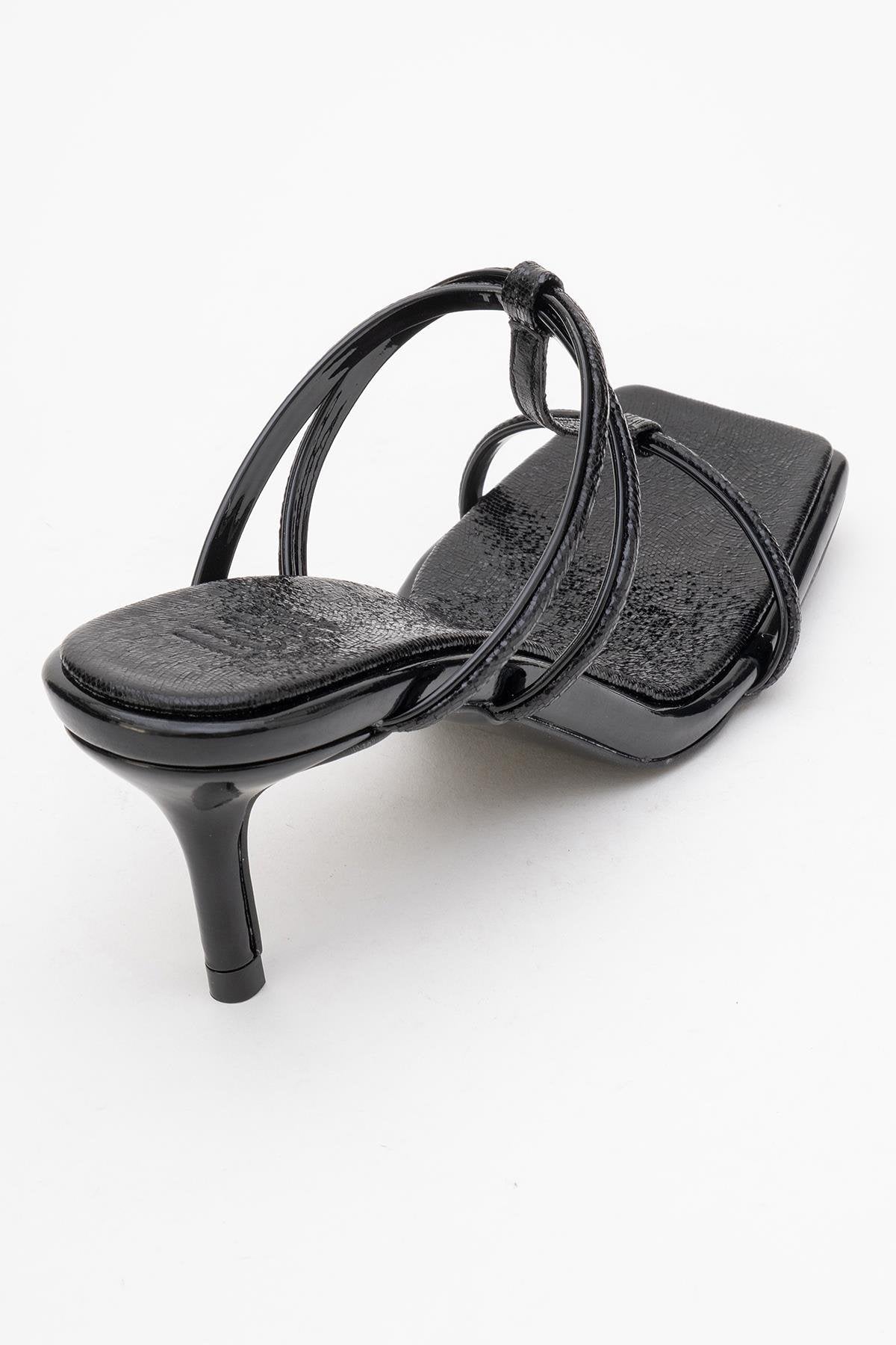 Mocha Black Pattern Square‑Toe Thin‑Strap Heel Sandal – back view showing leather, black, red, SimmiUnique