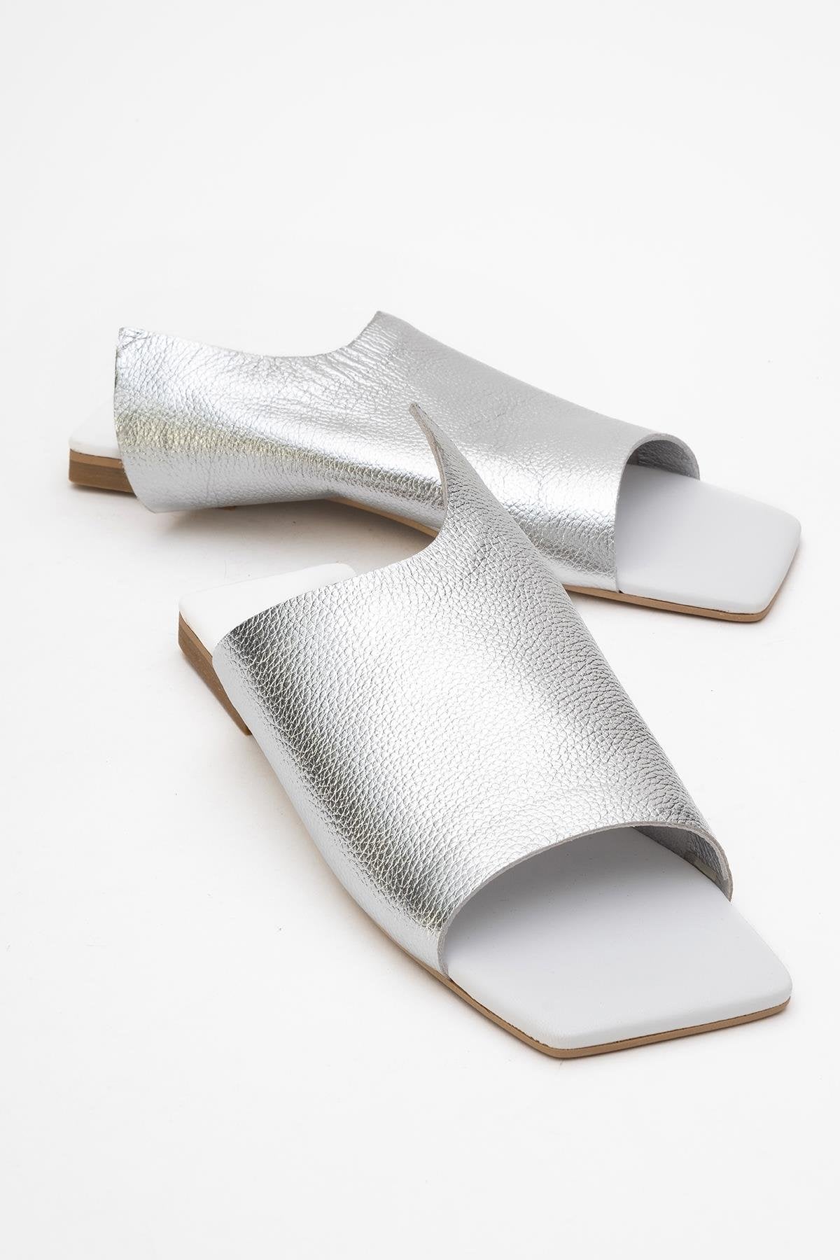 Orianna - Silver Leather Slide Sandal – front three-quarter view showing leather, silver, SimmiUnique