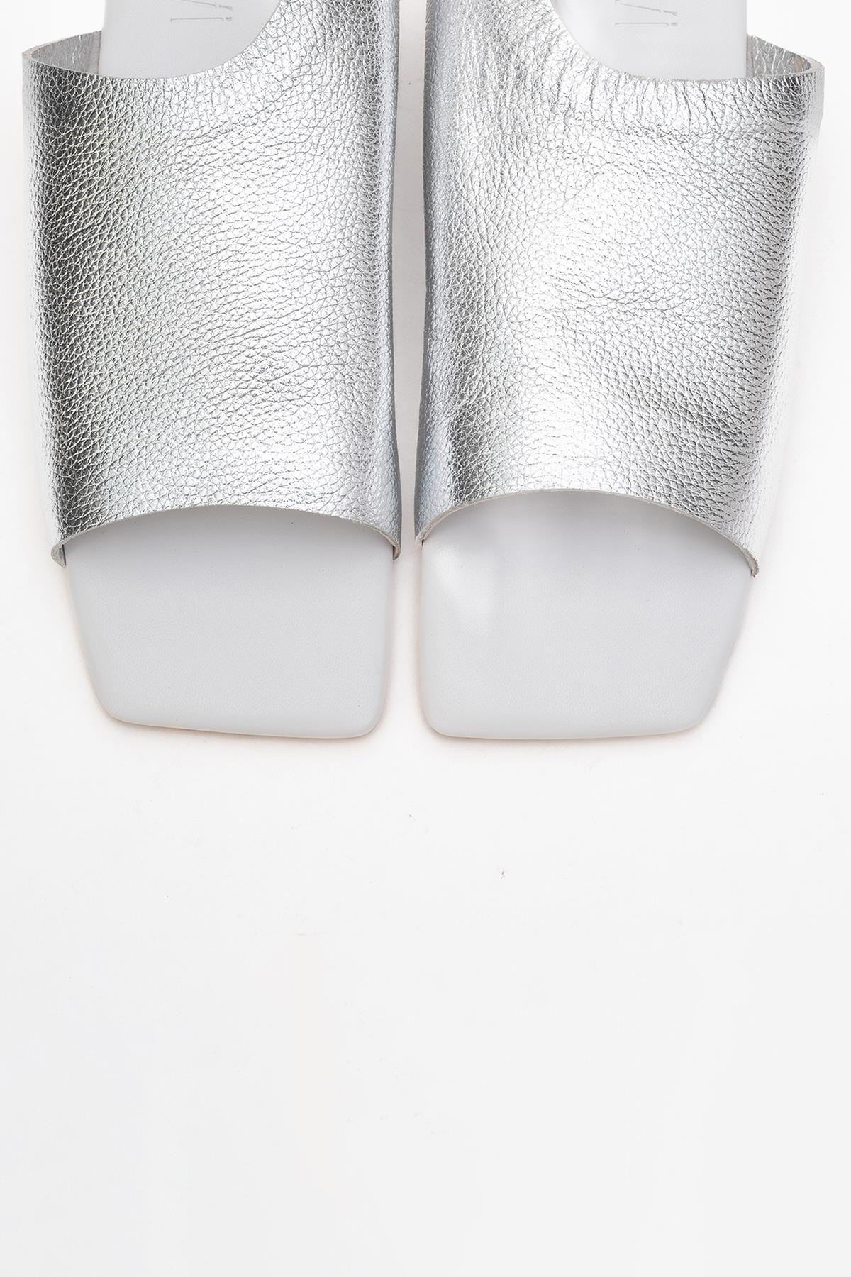 Orianna - Silver Leather Slide Sandal – side view showing leather, silver, SimmiUnique