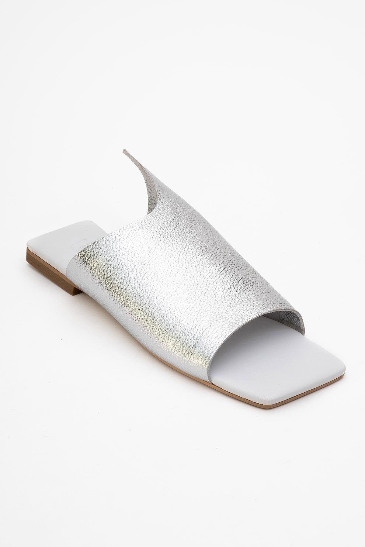 Orianna - Silver Leather Slide Sandal – detail view showing leather, silver, SimmiUnique
