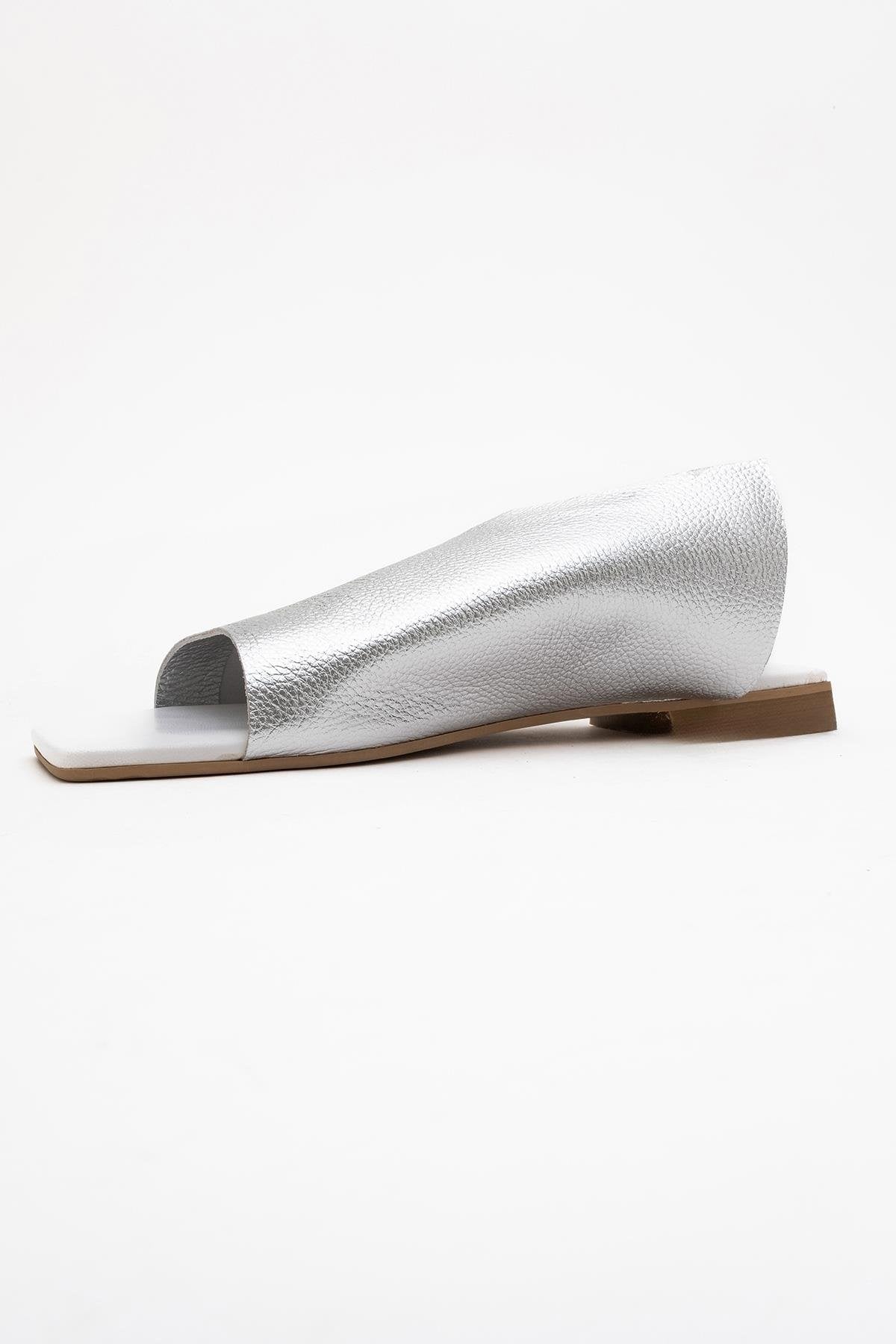 Orianna - Silver Leather Slide Sandal – heel view showing leather, silver, SimmiUnique
