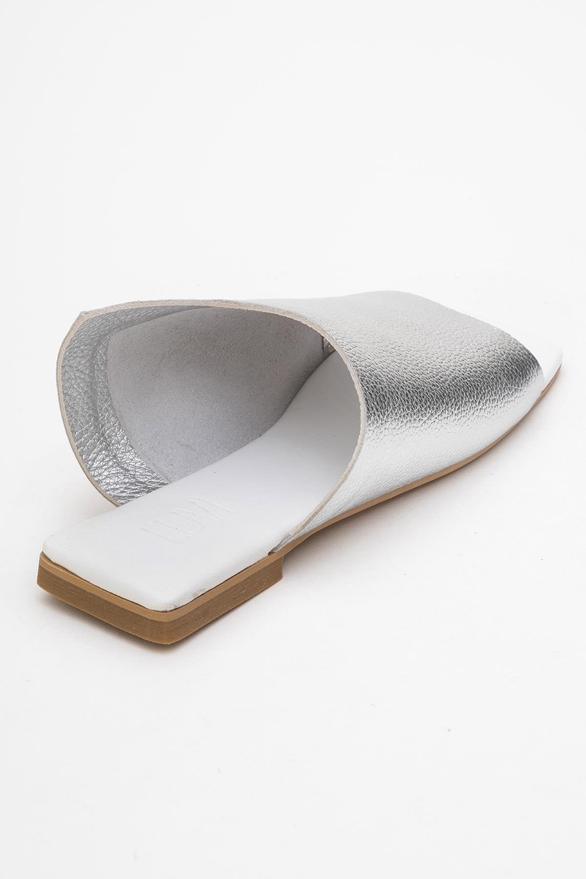 Orianna - Silver Leather Slide Sandal – back view showing leather, silver, SimmiUnique