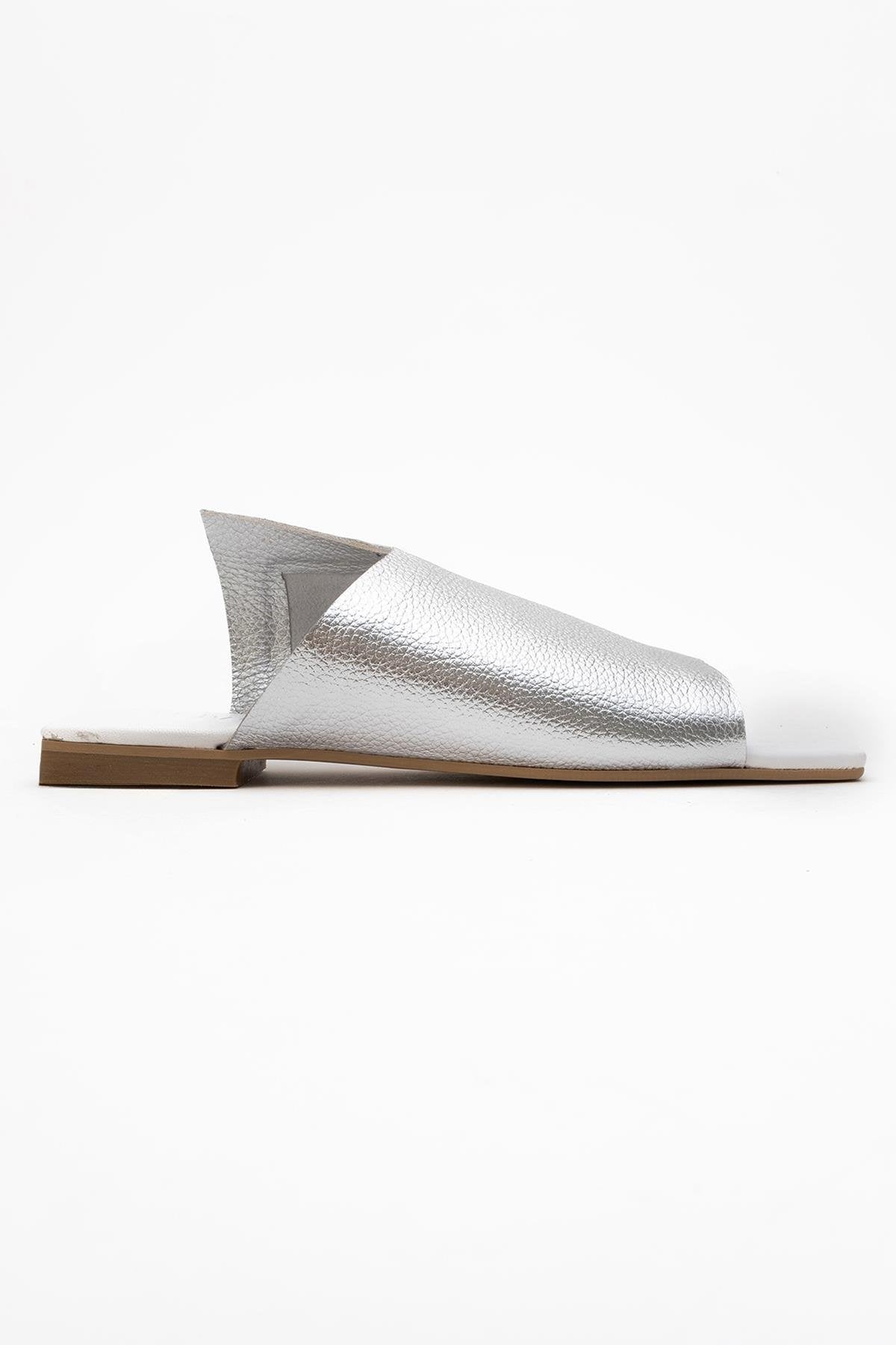 Orianna - Silver Leather Slide Sandal – top view showing leather, silver, SimmiUnique