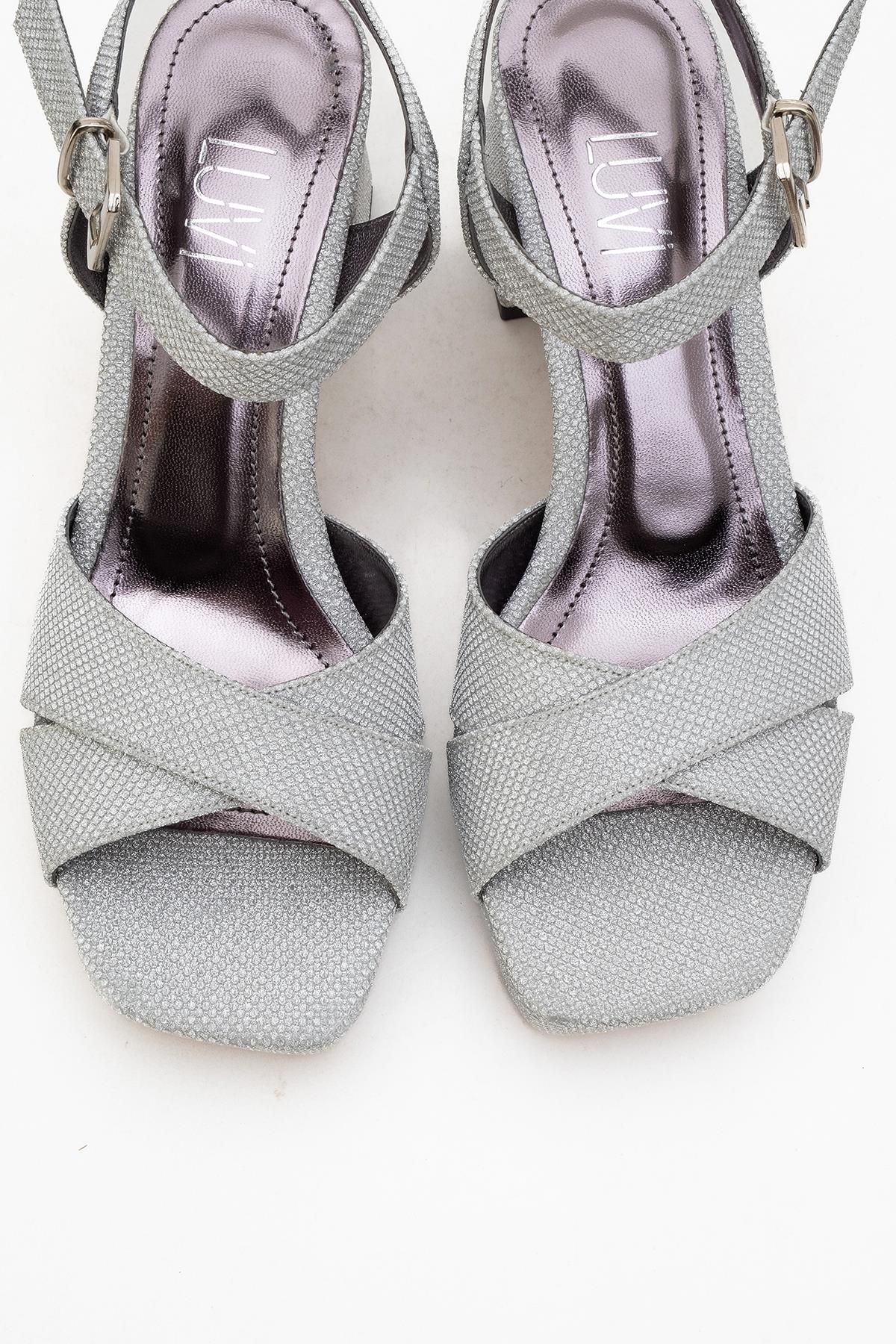 Lisbon - Silver Glitter Cross-Strap Platform Heel Shoe – side view showing leather, glitter, silver, SimmiUnique